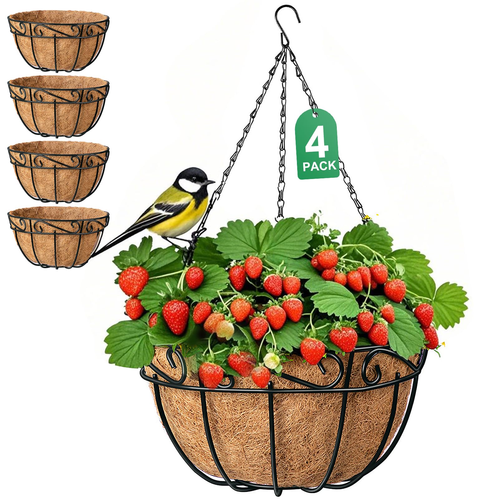 AMAGABELI GARDEN & HOME 4 Pack 14 Inch Metal Round Hanging Planter Baskets with Coco Fiber Liners - Indoor Outdoor Flower Pots for Vegetables, Herbs, Succulents - Perfect for Garden, Home, Porch, Balcony Decor and Vertical Gardening