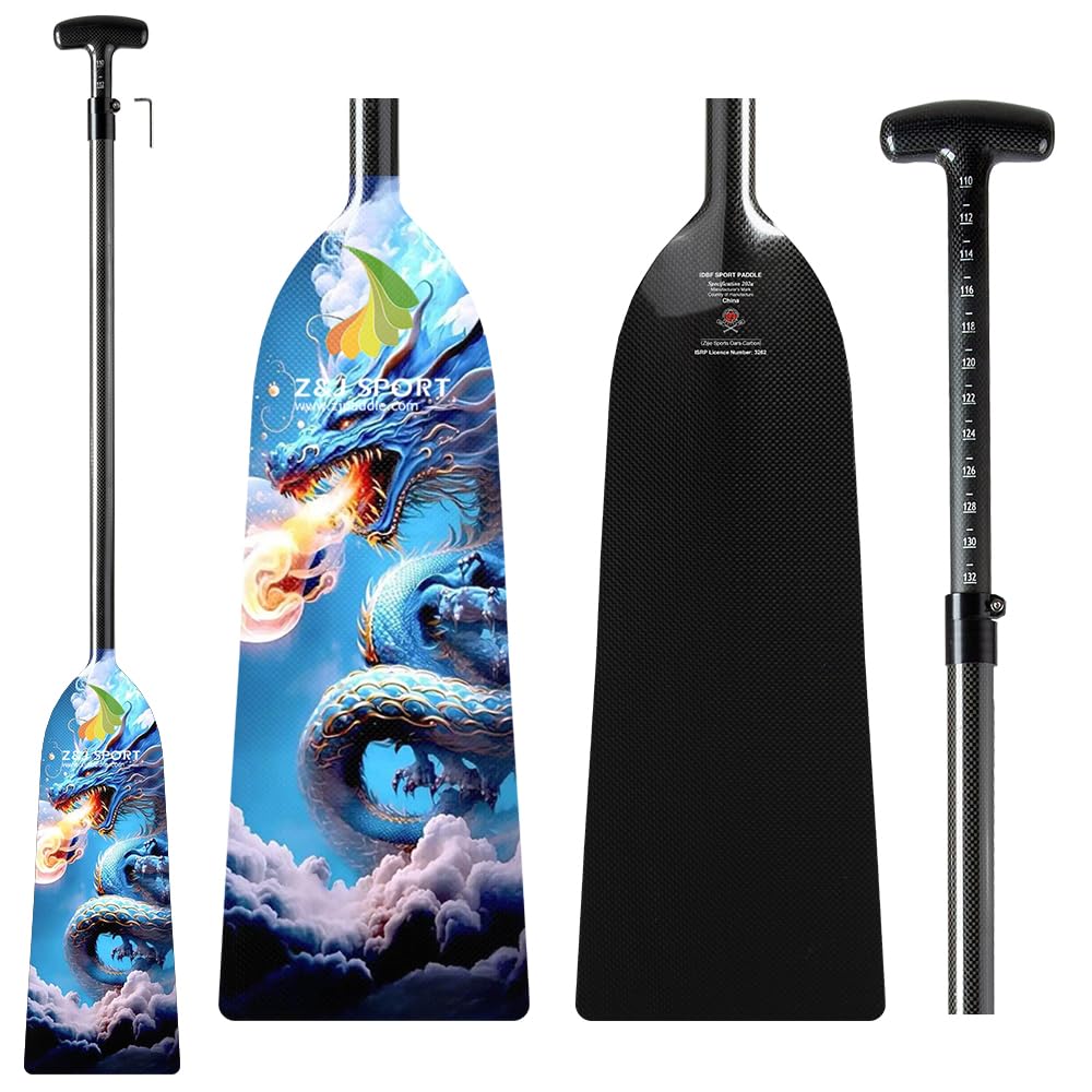 Z&J SPORT IDBF Approved Carbon Fiber Adjustable Dragon Boat Paddle with Dragon Graphic & T-Handle - Perfect for Competitive Racing & Team Training