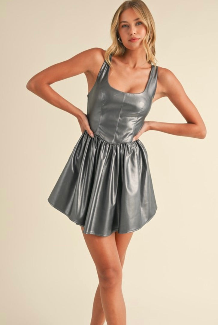 Gunmetal Bustier Top with Gathered Flare Skirt Mini Dress - Elegant Party & Cocktail Attire for Women | Perfect for Date Night, Club Wear and Special Occasions