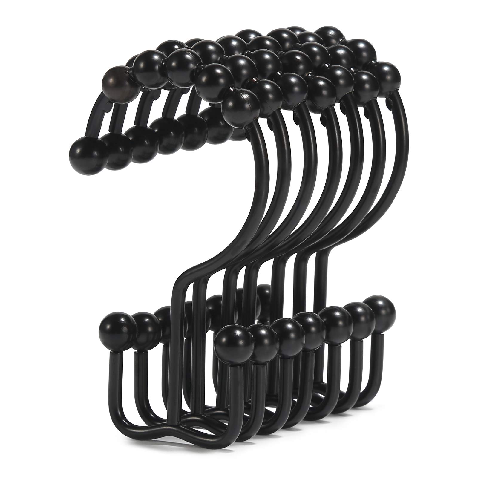 Goowin Stainless Steel Black Shower Curtain Hooks - Rust Proof Double Shower Rings with Free Sliding for Shower Curtain & Liners - Perfect for Bathroom, Hotel, and Home Decor (Black)