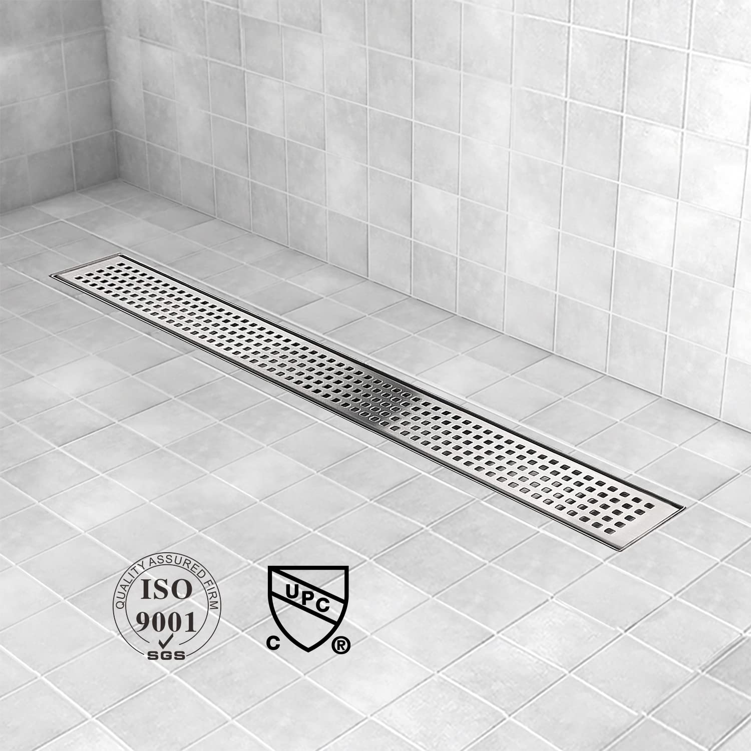 **28 Inch Linear Shower Drain - AISI 304 Stainless Steel with Removable Grate & Hair Catcher - Adjustable Leveling Feet for Bathroom & Wet Room Installation**    *(Perfect for Modern Walk-in Showers, Spa Bathrooms & Wet Room Designs)*