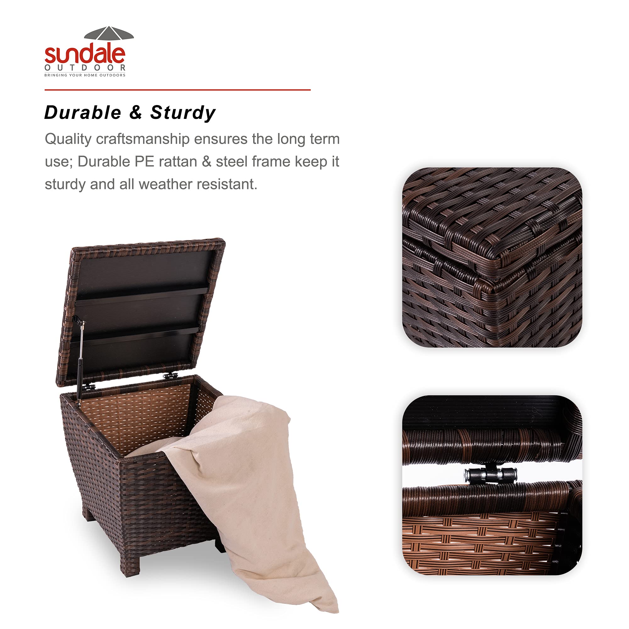 13 Gallon Sundale Outdoor Deck Storage Box with Lid - Fully Assembled Brown Wicker Rattan Side Table for Patio, Hose, Cushion & Towel Storage | Perfect for Backyard, Garden & Poolside Organization