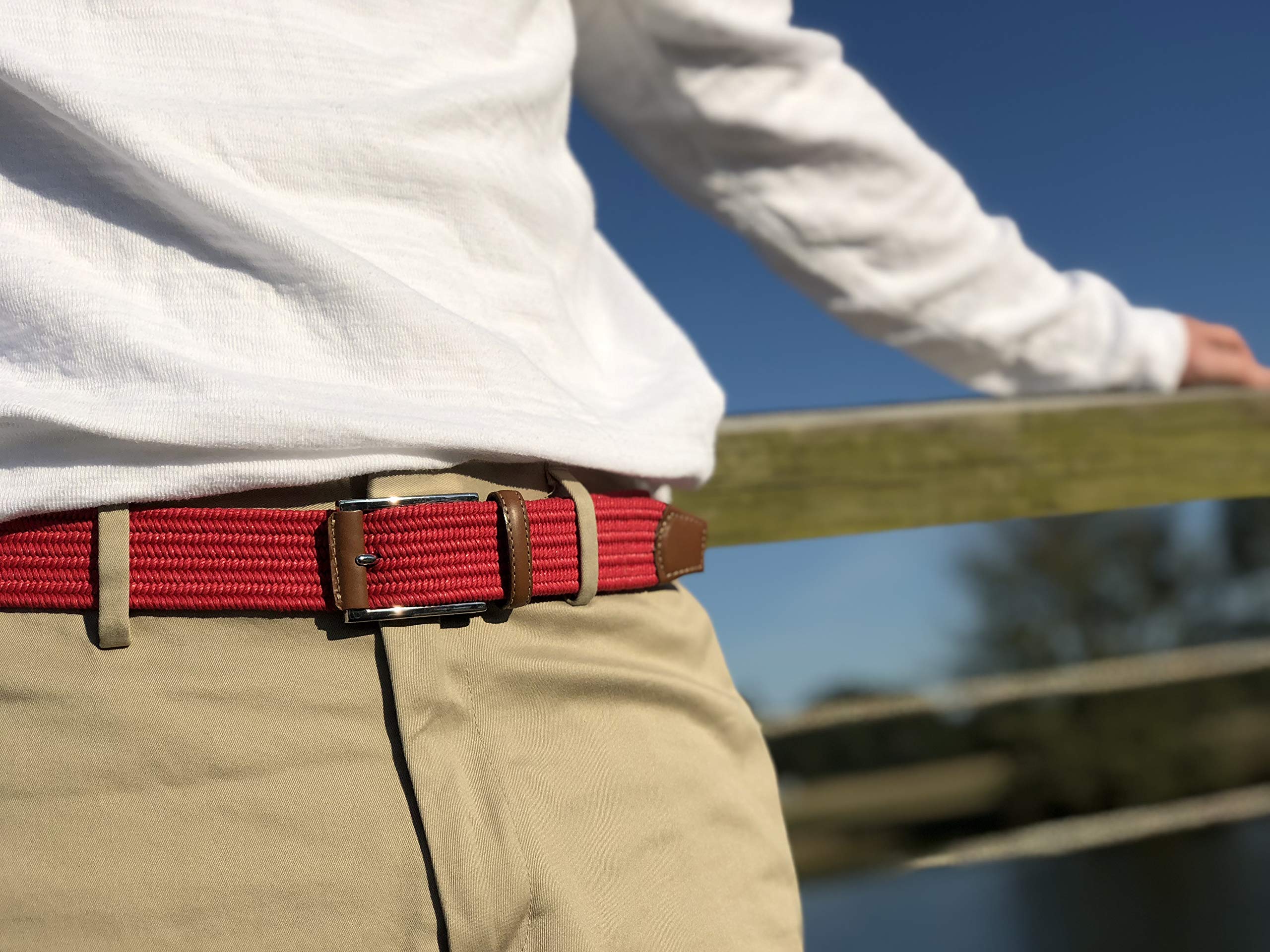 Italian Woven Cotton and Leather Elastic Stretch Belt - Adjustable Waistband for Men & Women | Perfect for Jeans, Pants, Dresses and Casual Outfits