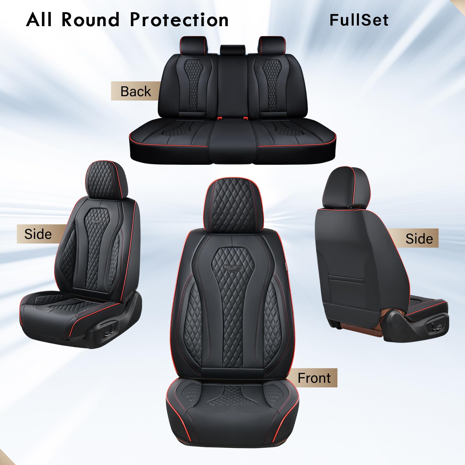 Universal Waterproof Car Seat Covers Full Set - Black with Red Stitching | Front & Back Seat Protectors for Most Vehicles | Perfect for Pets, Kids & Daily Commute
