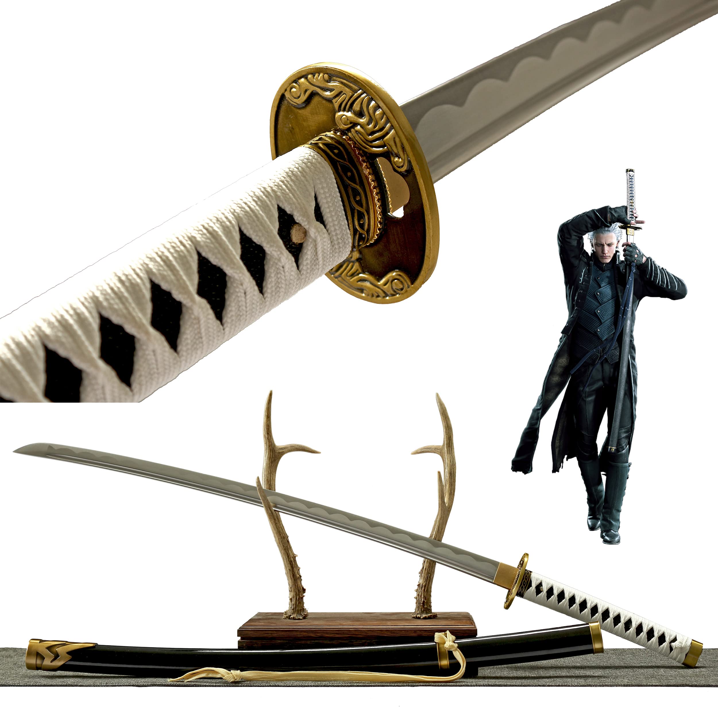 Handmade Full Tang Vergil Yamato Sword - Anime Katana Replica for Cosplay - 1045 Carbon Steel, High Manganese Steel or T10 Clay-Tempered Blade - Perfect for Game Collectors, Anime Fans & Martial Arts Training
