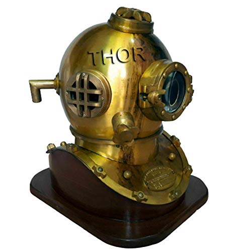 Vintage Antique Brass Scuba Diving Helmet - Nautical Maritime Decor with Wood Base - Rustic Home Office Decor - Unique Gift for Divers & Sea Lovers - Perfect for Beach House, Man Cave or Maritime Museum Display