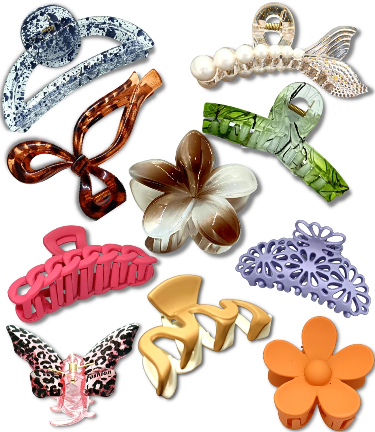 Quarya Large Hair Claw Clips for Women & Girls - 10 Pack Mix Designs + 2 Velvet Scrunchies - Strong Plastic Hair Clutchers for Thick Hair - Multicolor Hair Accessories - Perfect for Updos, Ponytails & Everyday Styling