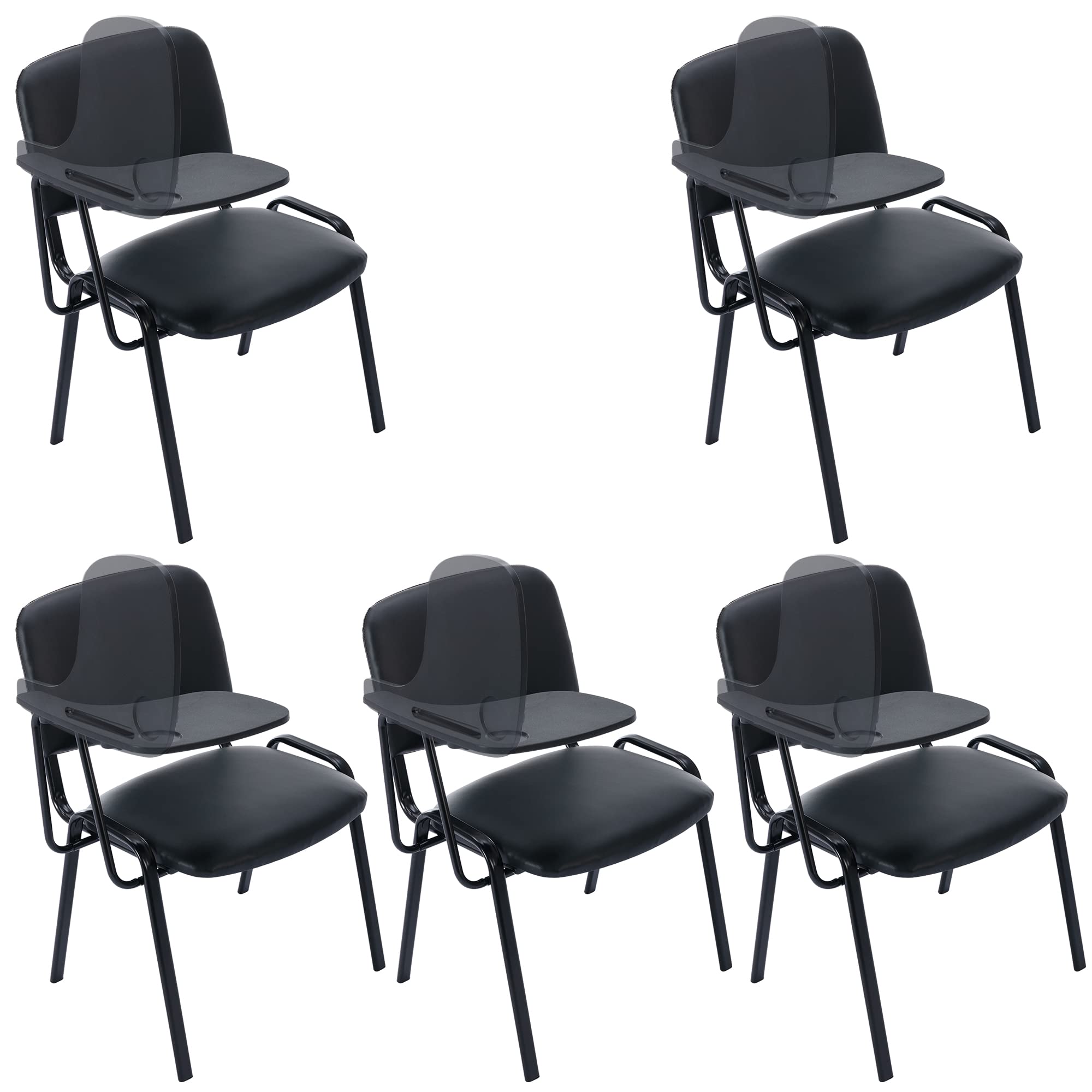 Stackable Vinyl Leather Waiting Room Chairs with Tablet Arm - 5-Pack Black Student Chairs for Classroom, Office, Conference Room & Meeting Room | Durable & Space-Saving Seating Solution for Schools, Hospitals & Reception Areas