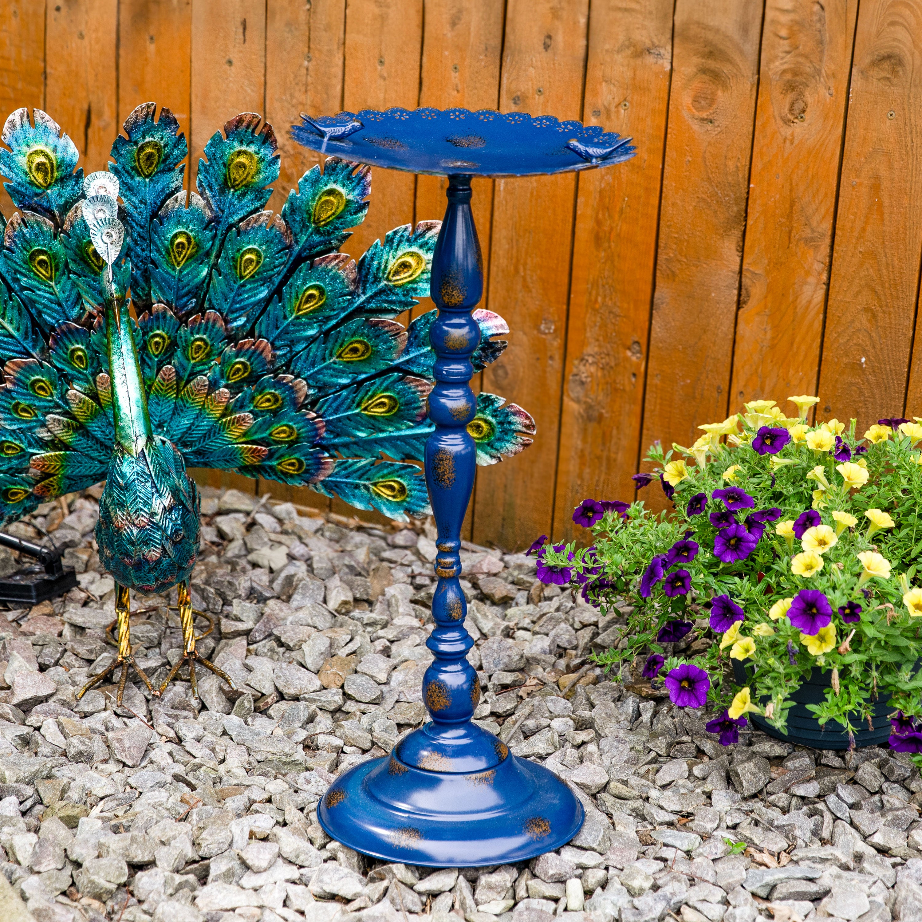 Sunnydaze Feathered Friends Iron Pedestal Bird Feeder - 26 Inch Height, Blue - Perfect for Garden, Patio, Backyard Bird Watching & Outdoor Decoration