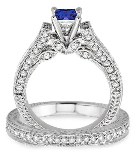 2 Carat Natural Sapphire & Moissanite Vintage Engagement Ring Set in 10K White Gold - Perfect for Bridal, Wedding & Anniversary Gifts