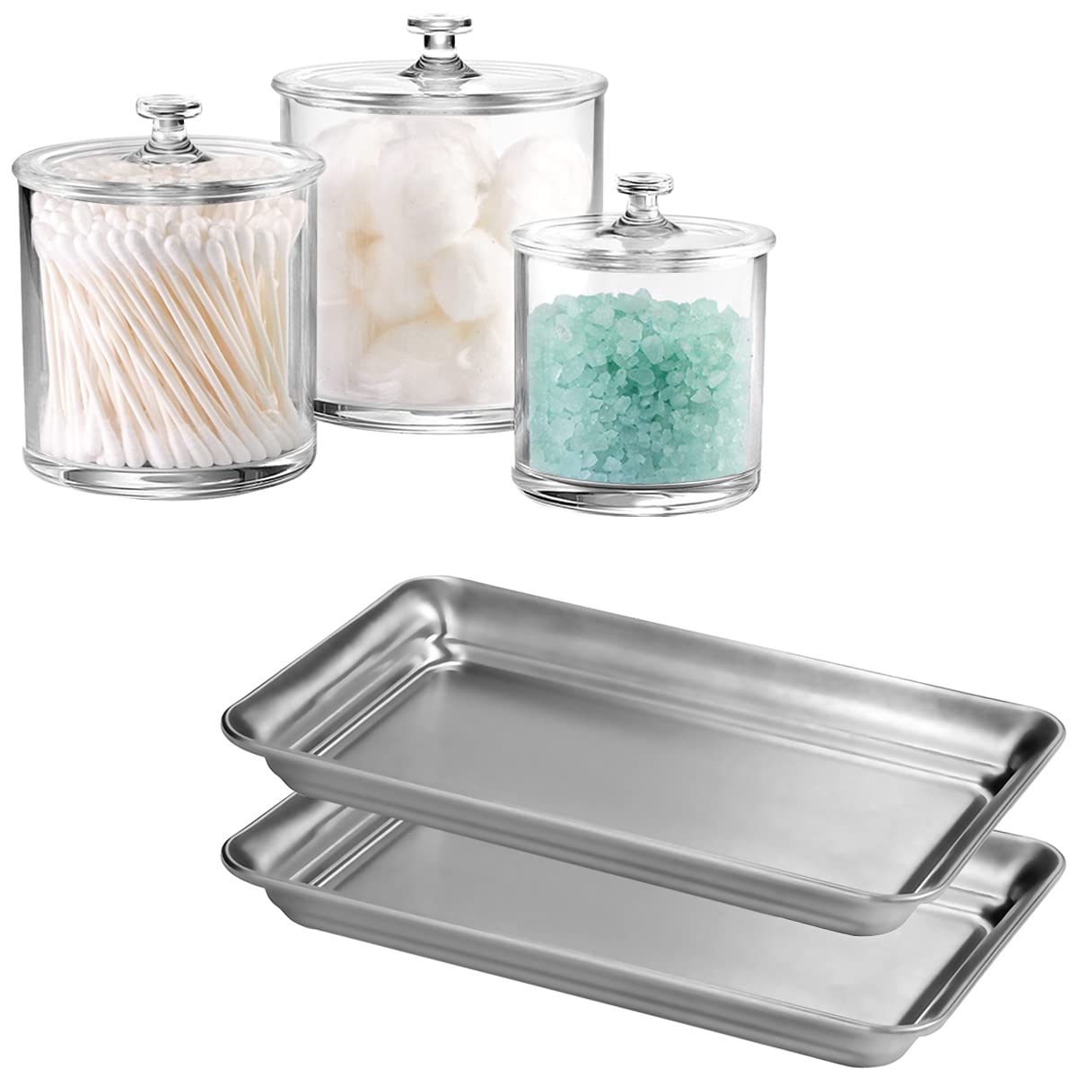 5-Pack SheeChung Q-Tip Holders with Vanity Tray - 3 Sizes Plastic Apothecary Jars & 2 Farmhouse Metal Trays for Bathroom Organization, Cotton Swab Storage & Countertop Decor (Silver) - Perfect for Vanity, Spa, Guest Bathroom & Home Decor