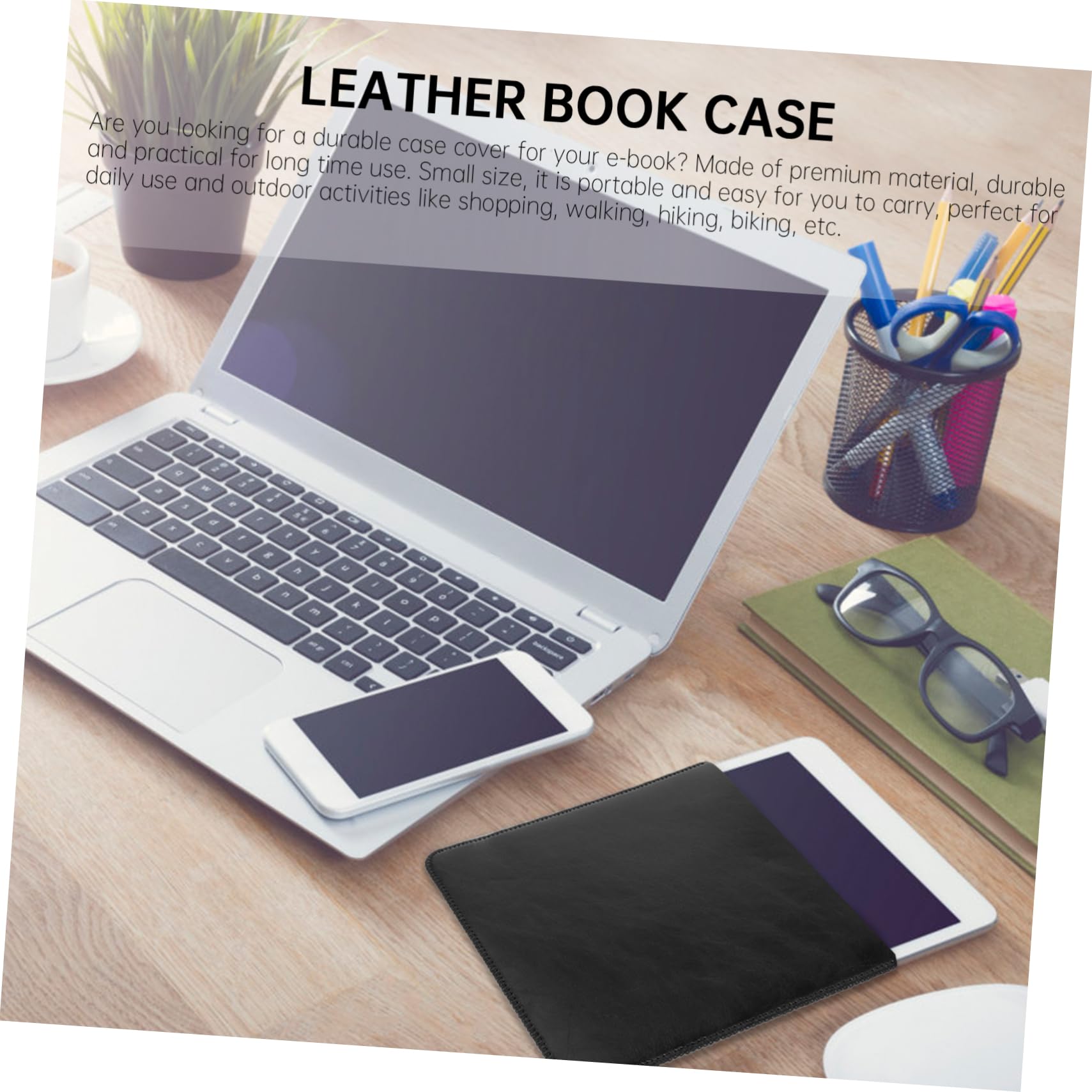 OSALADI 3-Piece Genuine Leather Ebook Cover Case - Universal Fit for Kindle, iPad, Tablets & Laptops - Protective Book Stand with Cable Storage Pouch | Perfect for Reading, Travel & Office Use