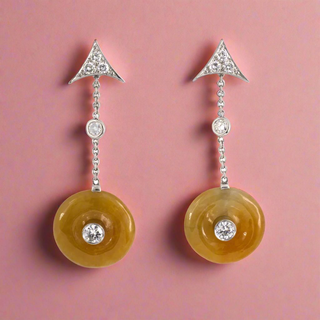Exquisite Jadeite Pi Disc & Diamond Triangular Dangle Drop Earrings - Elegant Jewelry for Women, Perfect for Weddings, Parties & Special Occasions