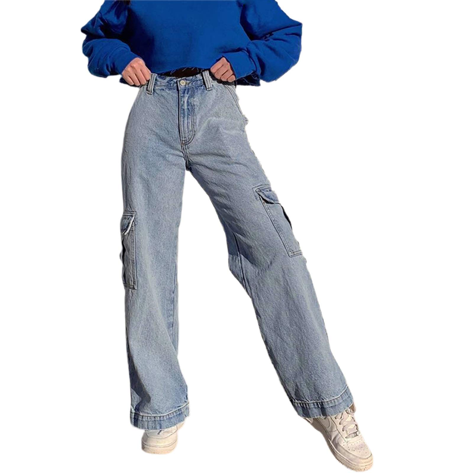 Women's Y2K Baggy Jeans - High Waist Straight Wide Leg Denim Pants with Vintage Patchwork Pockets | Cargo Streetwear for Casual Outfits & Retro Fashion