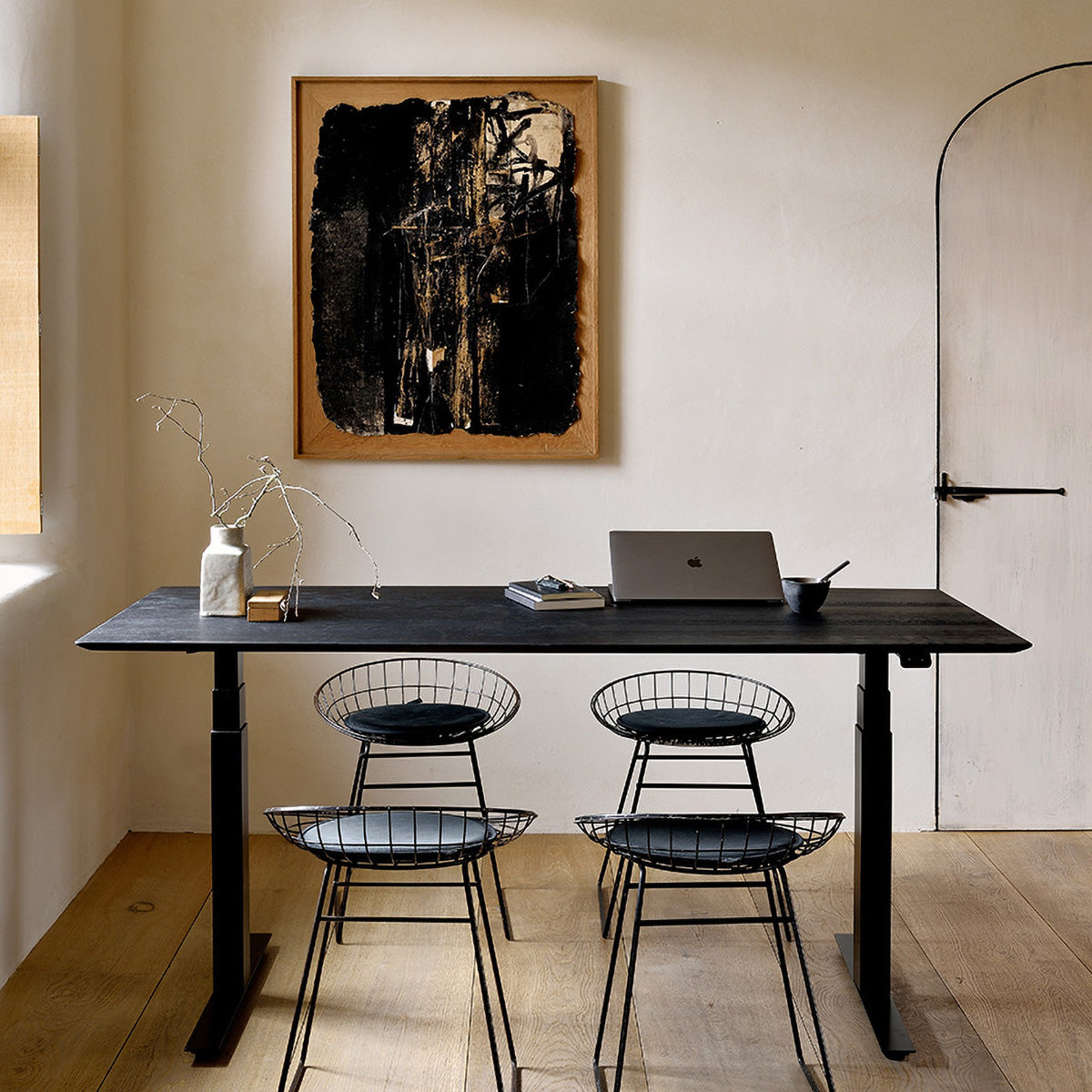 Adjustable Rectangle Office Desk with Cable Management - 140cm Oak Black & Black - Perfect for Home Office, Study, and Workspace Organization