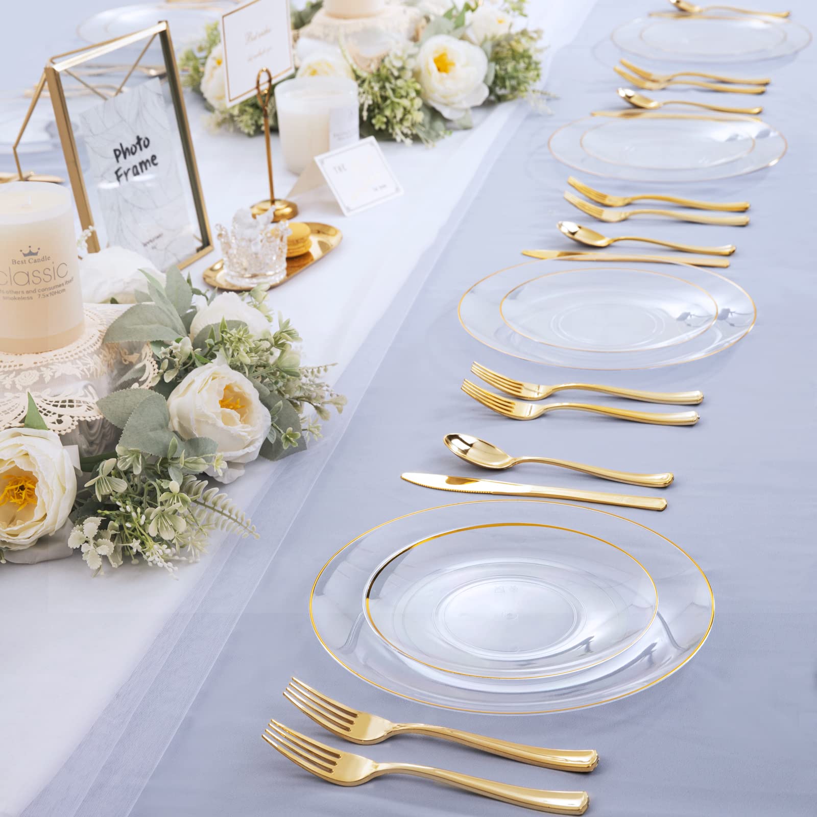 125-Piece Clear Gold Plastic Dinnerware Set - 25 Gold Rimmed Plates, 25 Dessert Plates, 25 Forks, 25 Knives, 25 Spoons - Elegant Disposable Tableware for Weddings, Parties, Christmas & Holiday Celebrations