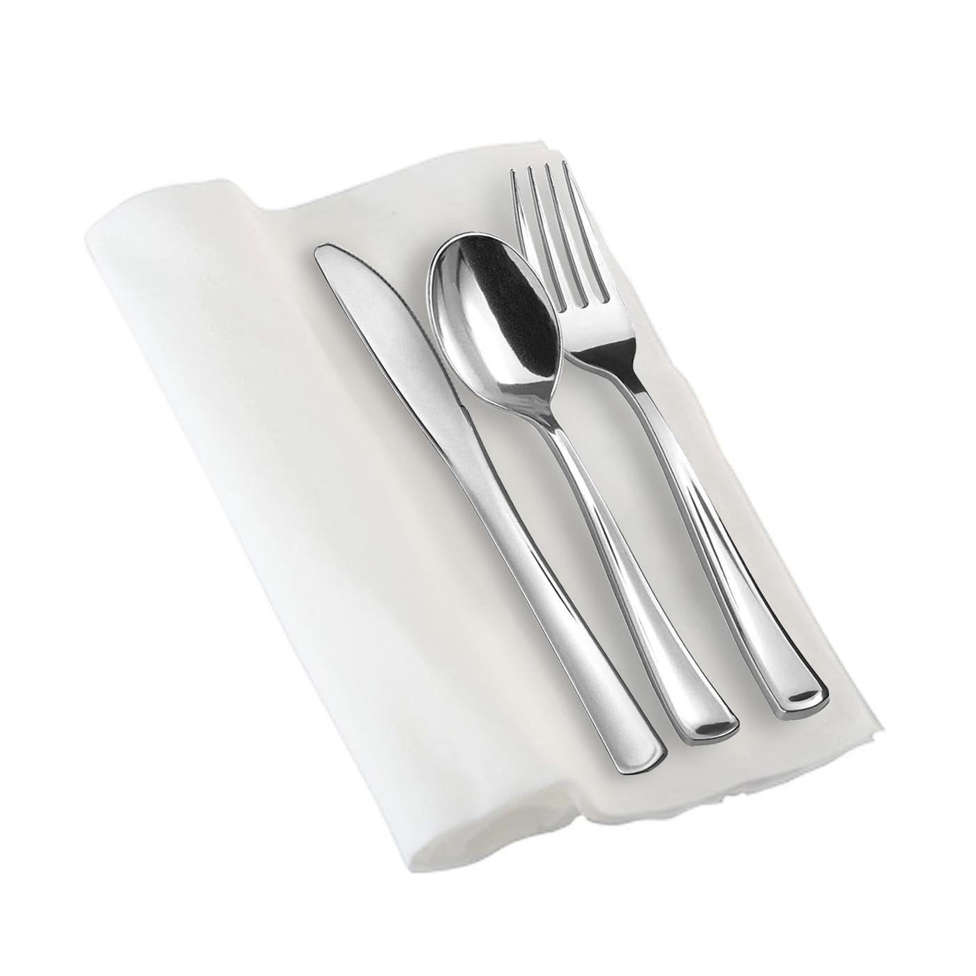 Premium Silver Disposable Plastic Cutlery Set - 10-Piece White Napkin Roll Bundle for Parties, Picnics & Catering Events | Elegant Tableware for Weddings, BBQs & Office Luncheons