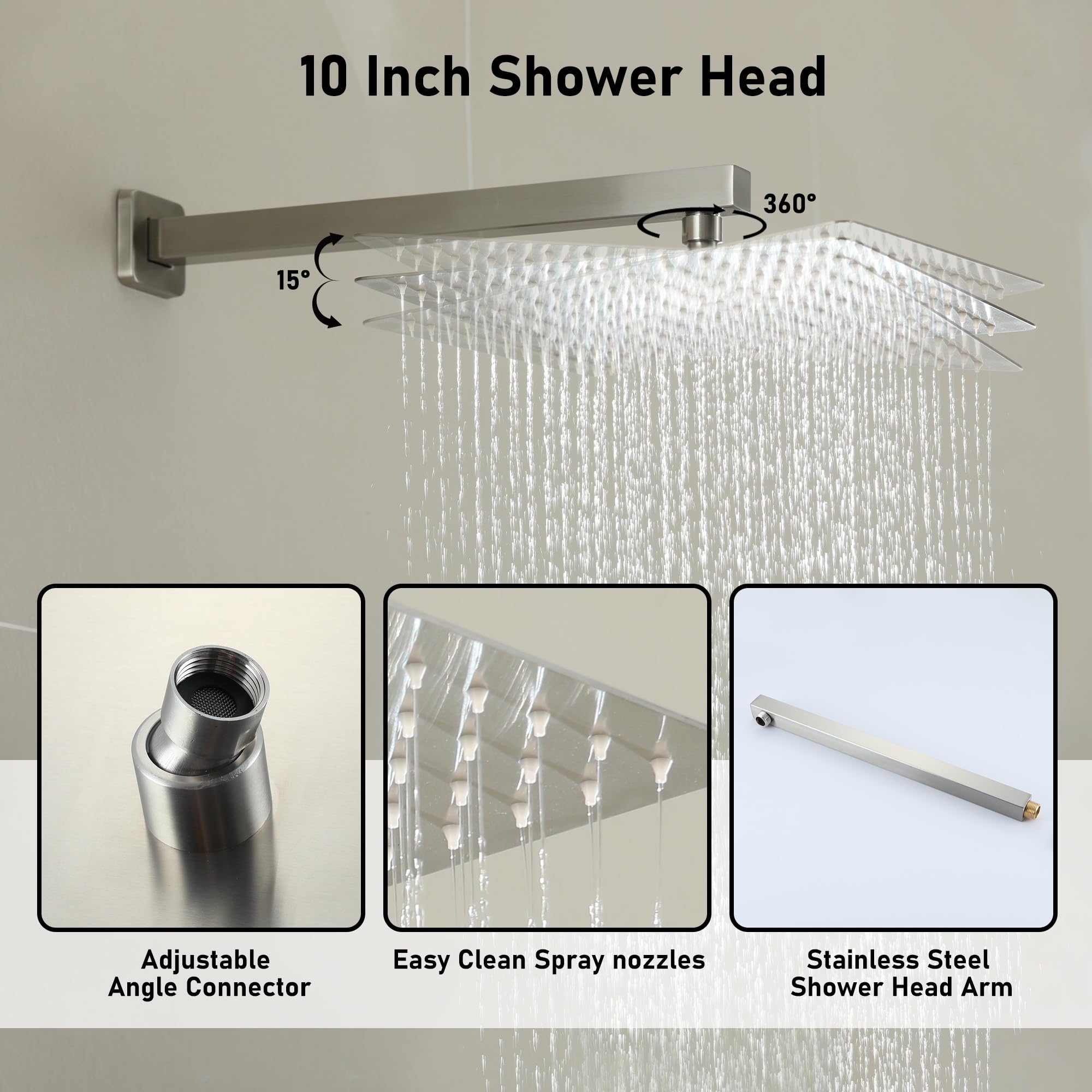 Luxury 10 Inch Rainfall Shower Head System - High Pressure Wall Mounted Shower Faucet with 2-Function Spray - Brushed Nickel Finish for Spa-Like Bathroom Experience | Perfect for Master Bathrooms & Modern Home Renovations