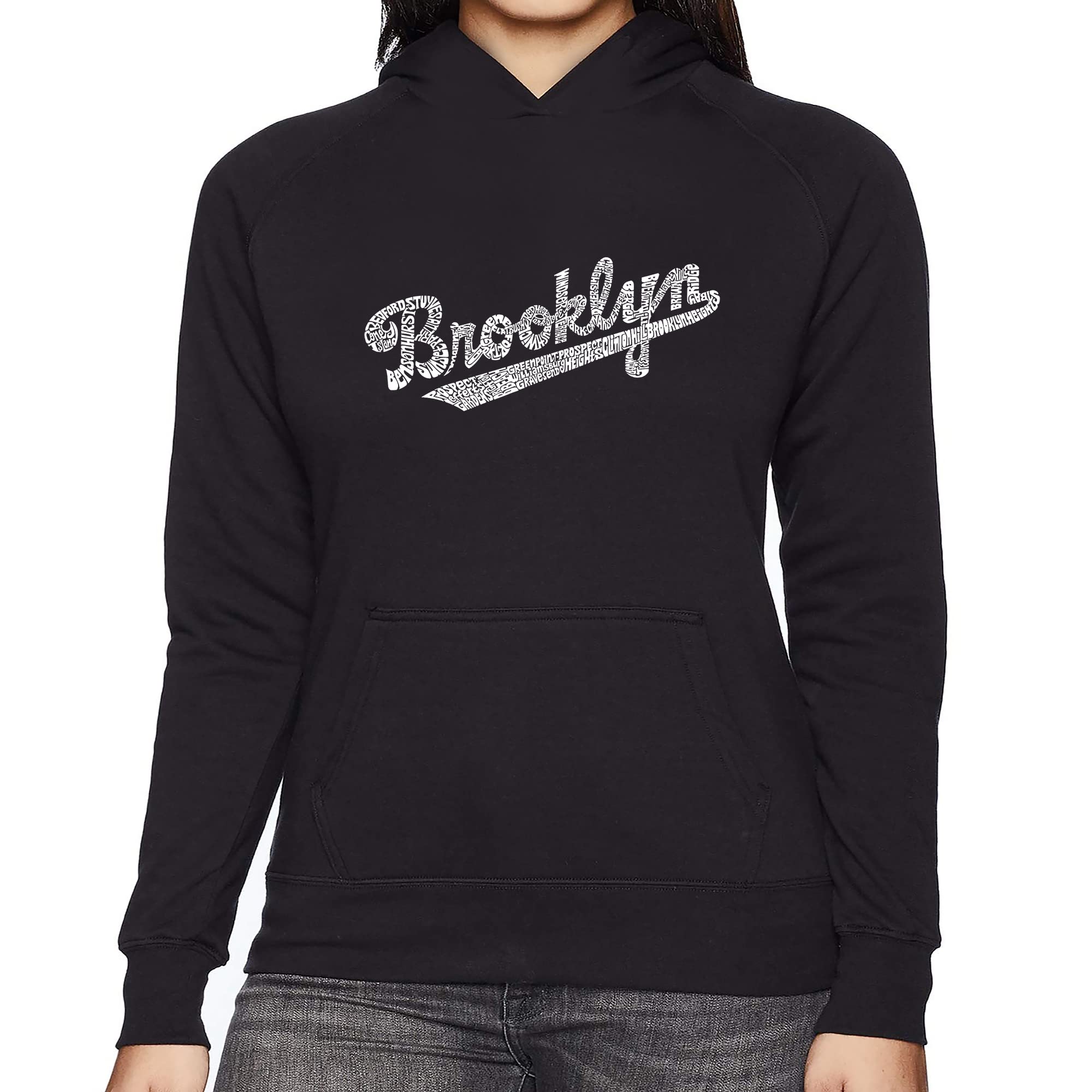 LA POP ART Women's Word Art Hooded Sweatshirt - Brooklyn Neighborhoods Graphic Pullover | Trendy Streetwear for Casual Outings & Urban Fashion