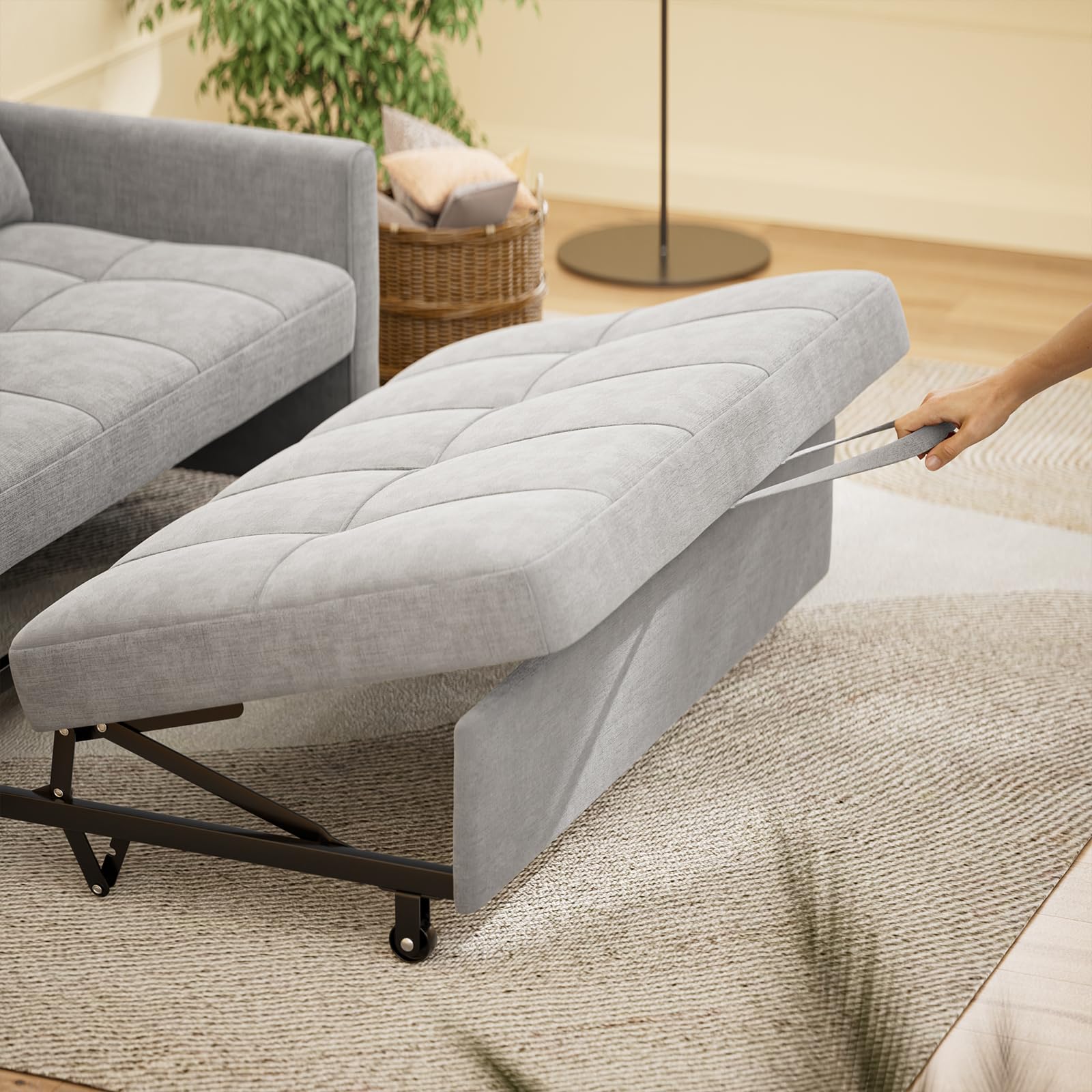 Gizoon 3-in-1 Convertible Sofa Bed - Full Size Pull Out Sleeper Sofa with Reclining Backrest & Side Pockets, Linen Fabric Futon Couch for Small Space Living Room, Apartment, Guest Room (Light Grey) | Modern Multi-Functional Furniture for Home & Office Use