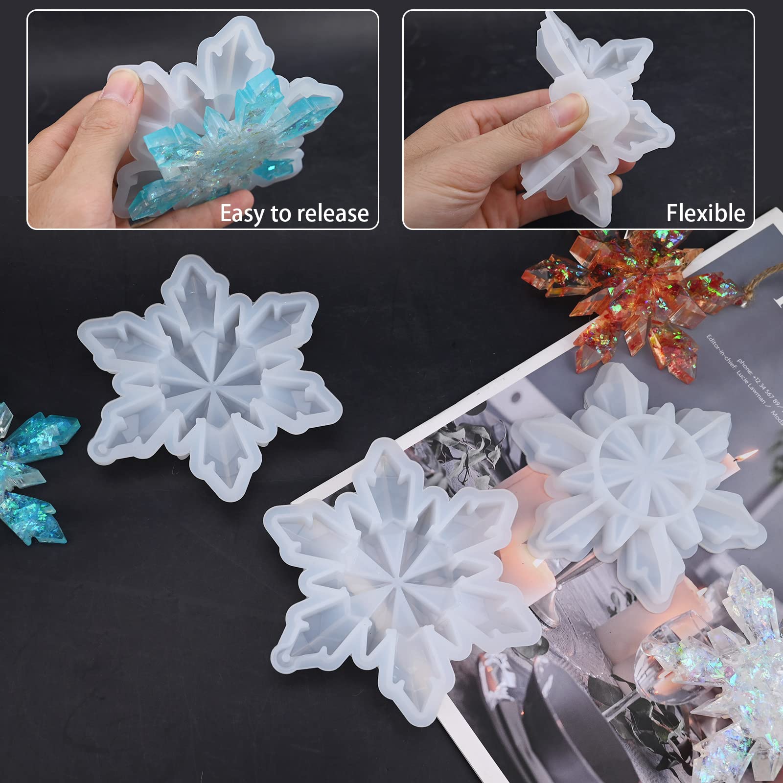 3Pcs Snowflake Silicone Molds for Resin - Christmas Ornament DIY Kit, Xmas Decoration Gift for Holiday Crafts, Home Decor & Party Favors