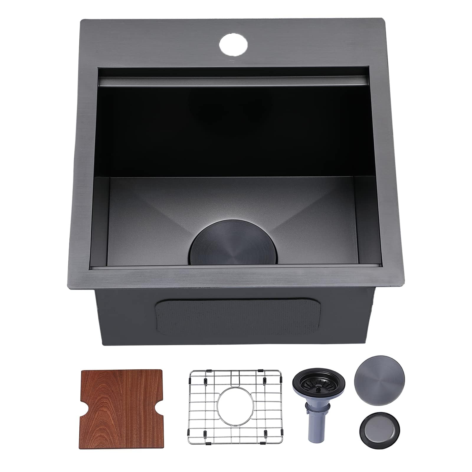 15 Inch Black Top Mount Bar Sink - 16 Gauge Stainless Steel Small Kitchen Sink (15x15) for Wet Bar, RV & Outdoor Use with Accessories - Perfect for Home Bars, Campers & Outdoor Kitchens