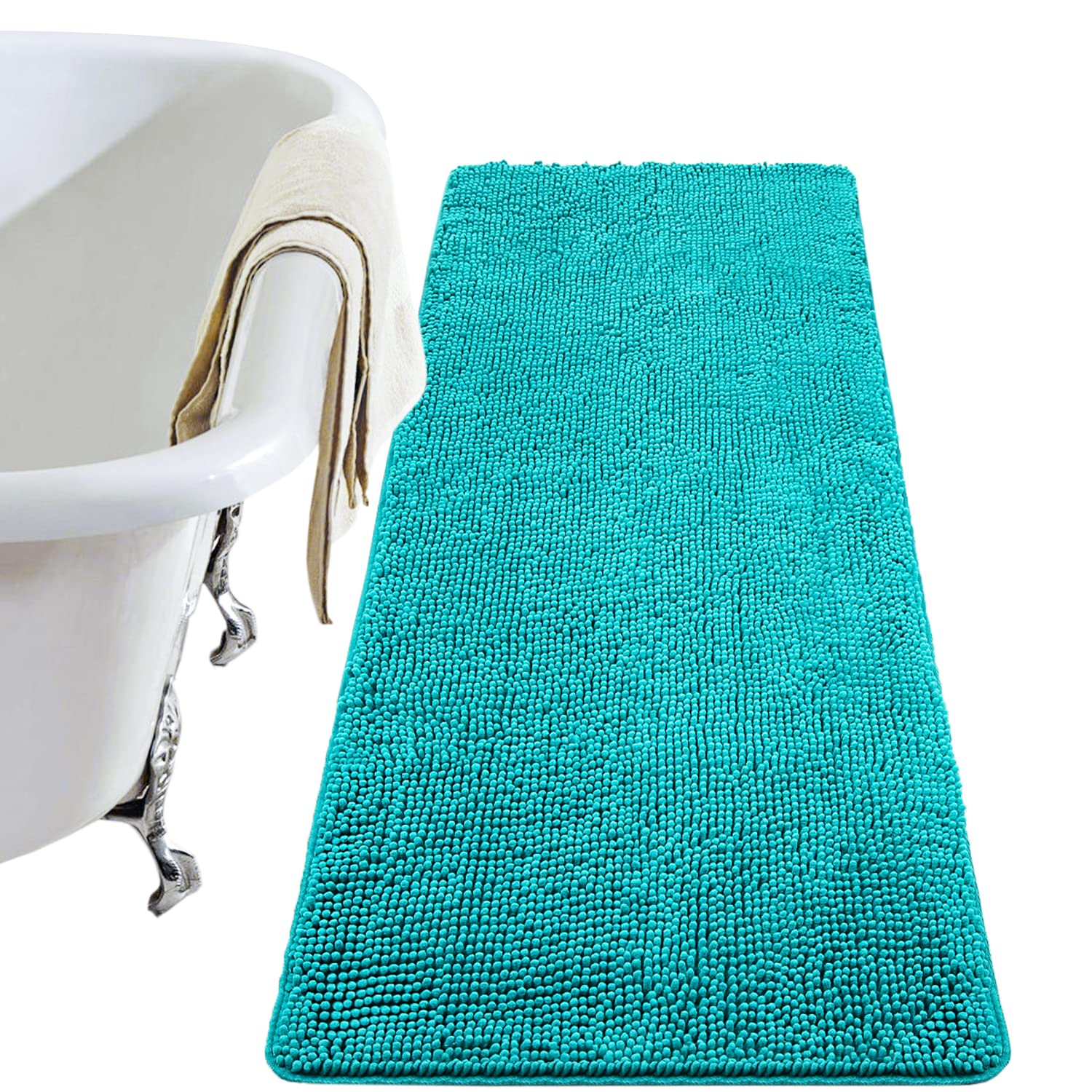 Premium Soft Chenille Bath Mat 24x60 Inch - Non-Slip, Absorbent & Machine Washable Shaggy Bathroom Rug for Shower & Vanity Area - Luxury Teal Blue Plush Carpet - Perfect for Master Bath, Guest Bath & Spa-Like Retreats