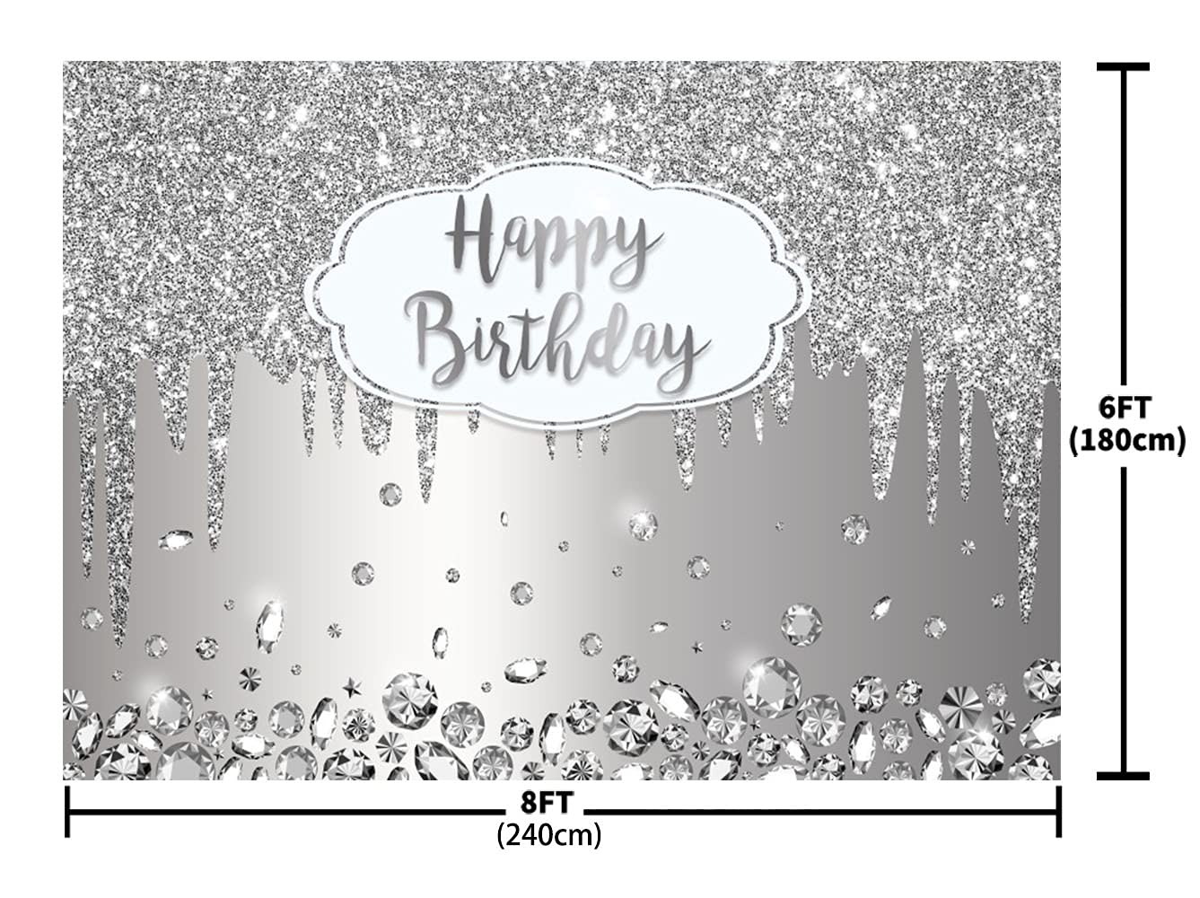 8x6ft Happy Birthday Backdrop - Dripping Glitter Crystal Diamond Silver Photo Background for Girls & Women | Bday Party Decorations, Cake Table Banner, Wall Decor Props | Perfect for Birthday Parties, Baby Showers & Photo Booths