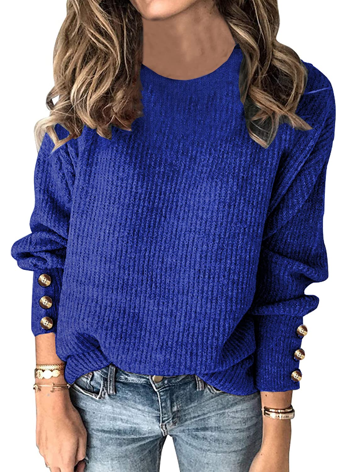 Women's Batwing Long Sleeve Pullover Sweater - Loose Knit Crewneck Button-Up Jumper Top for Casual Wear | Perfect for Office, Date Night & Fall Layering