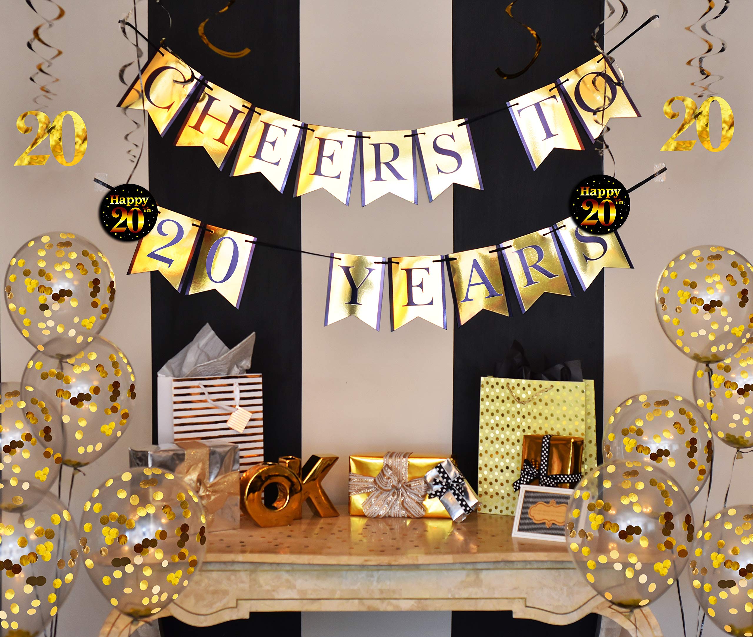 20th Birthday & Anniversary Party Decorations Pack - Cheers to 20 Years Banner, Balloons, Swirls & Confetti Supplies for Milestone Celebrations