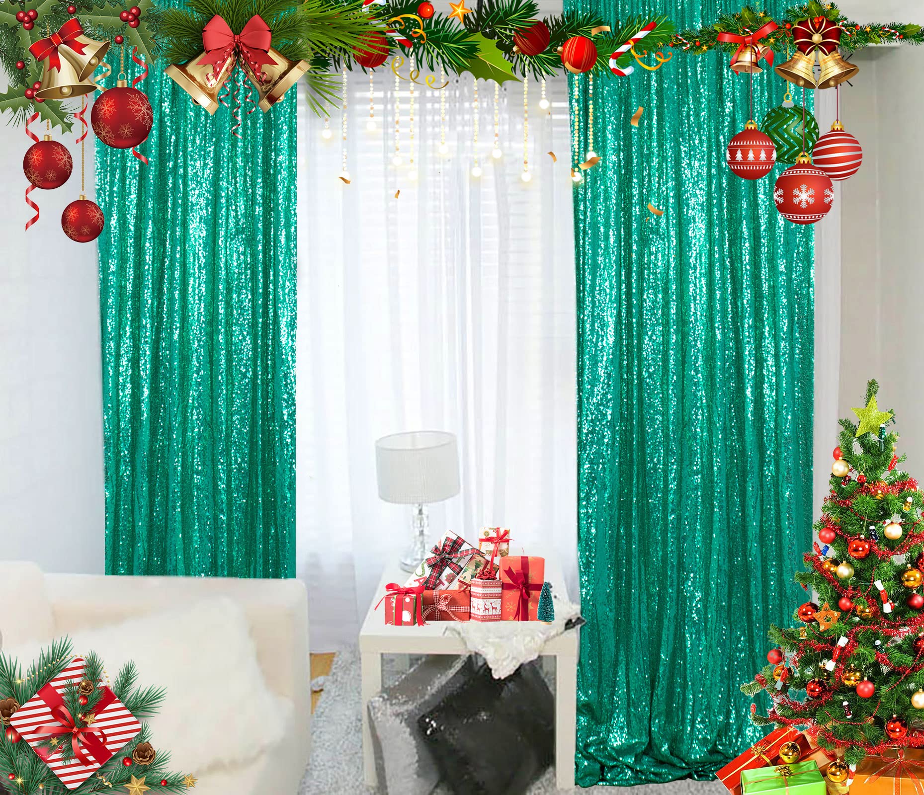 2 Pack Green Sequin Curtains 2FT x 7FT - Glitter Photo Backdrop for Christmas, Weddings, Parties & Halloween Decorations - Perfect for Stage Background, Photo Booth & Event Decor (Y1023)