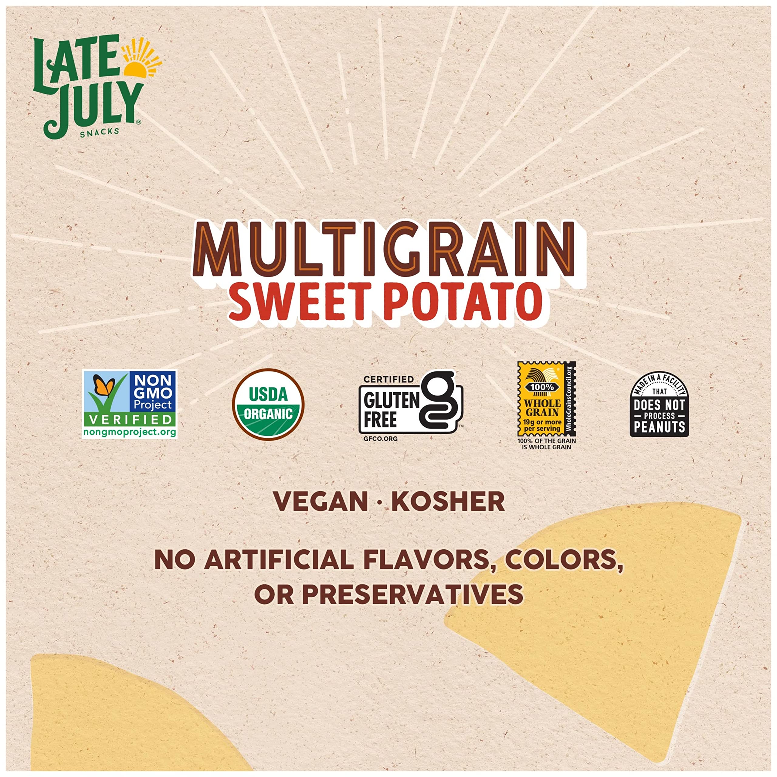 Organic Multigrain Sweet Potato Tortilla Chips by Late July - Gluten Free, Non-GMO, Vegan Snacks - 7.5oz Bags (Pack of 12) - Perfect for Parties, School Lunches & Healthy On-the-Go Snacking