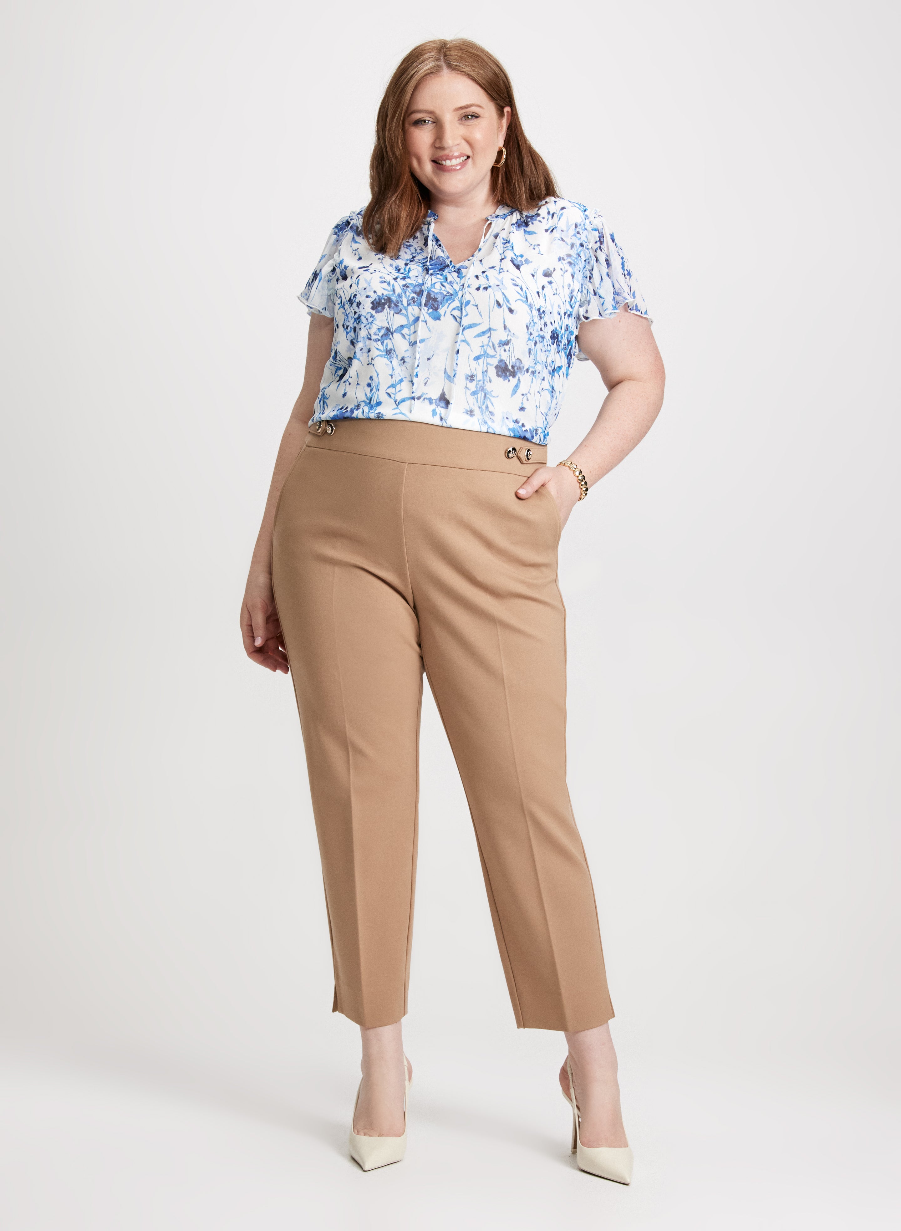 Floral Print Blouse with Button Tab Detail Pants - Women's Elegant Outfit for Work, Date Night & Special Occasions