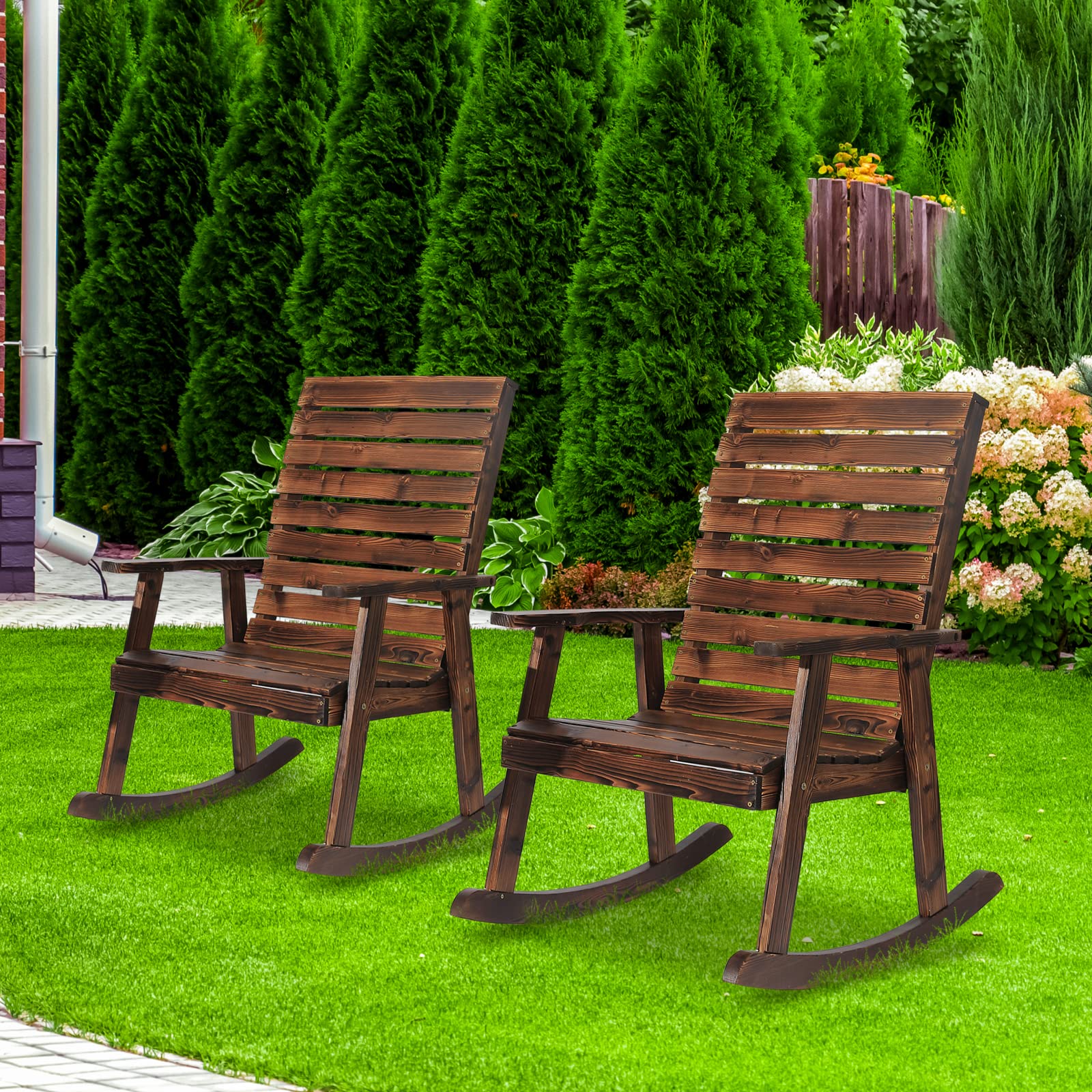 2-Piece Outdoor Rocking Chairs Set - High Back Wooden Patio Rockers for Deck, Garden, Backyard & Porch | Perfect for Relaxing, Sunbathing & Outdoor Gatherings