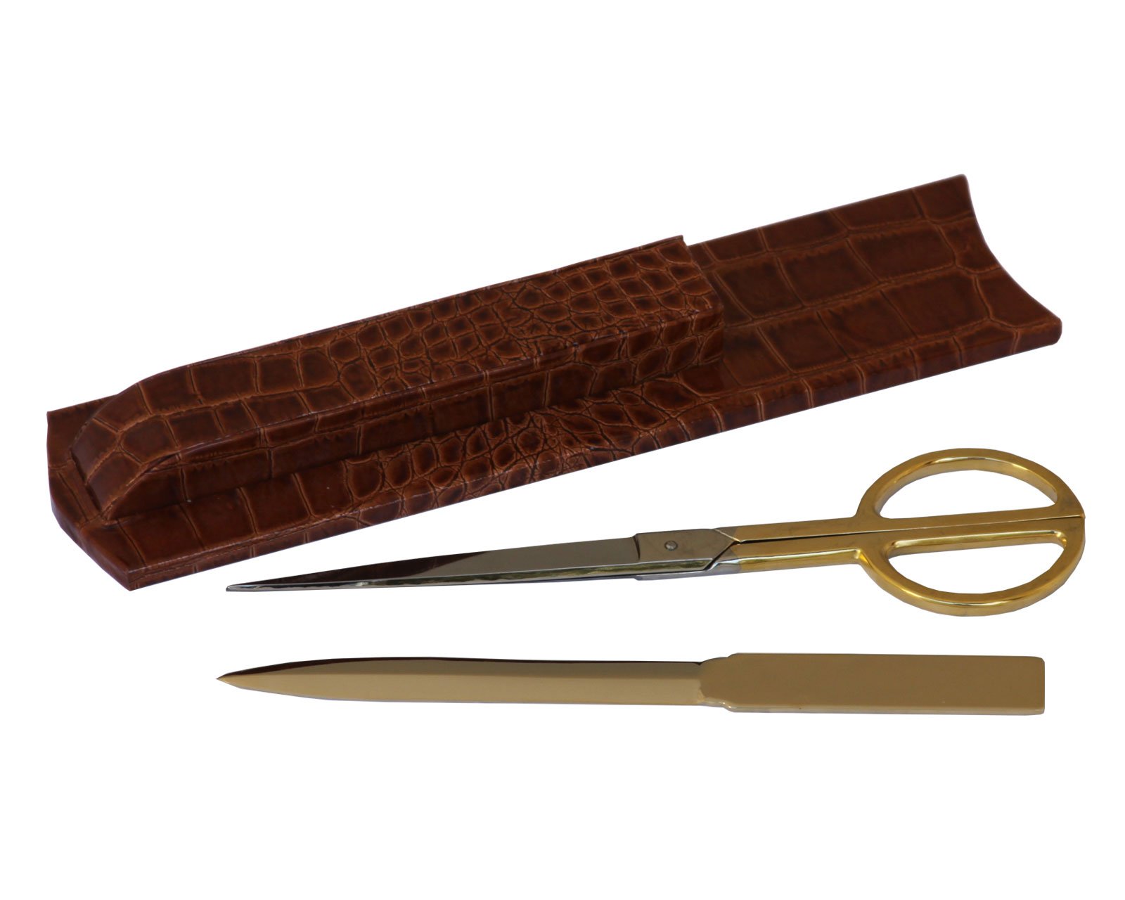Luxury Italian Crocodile Leather Library Set & Office Accessories - DACASSO Protacini Cognac Brown Genuine Leather Desk Set - Elegant Gold Accents for Home Office & Study Room Decor