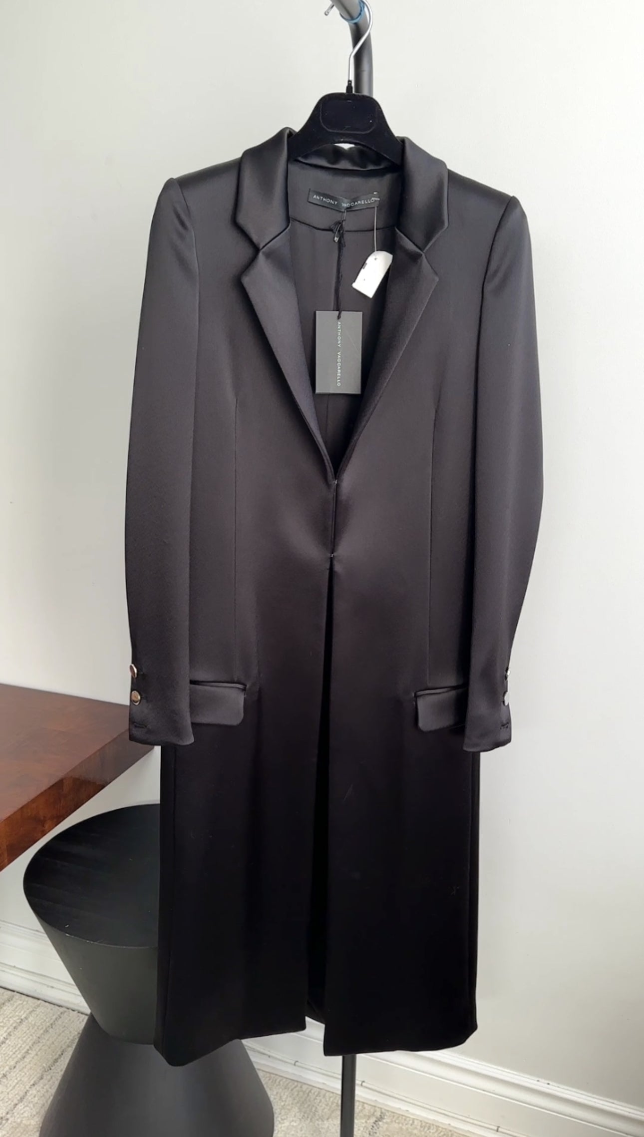 Anthony Vacarello Runway Black Satin Long Evening Coat - Elegant Formal Wear for Women's Night Out, Gala & Special Occasions