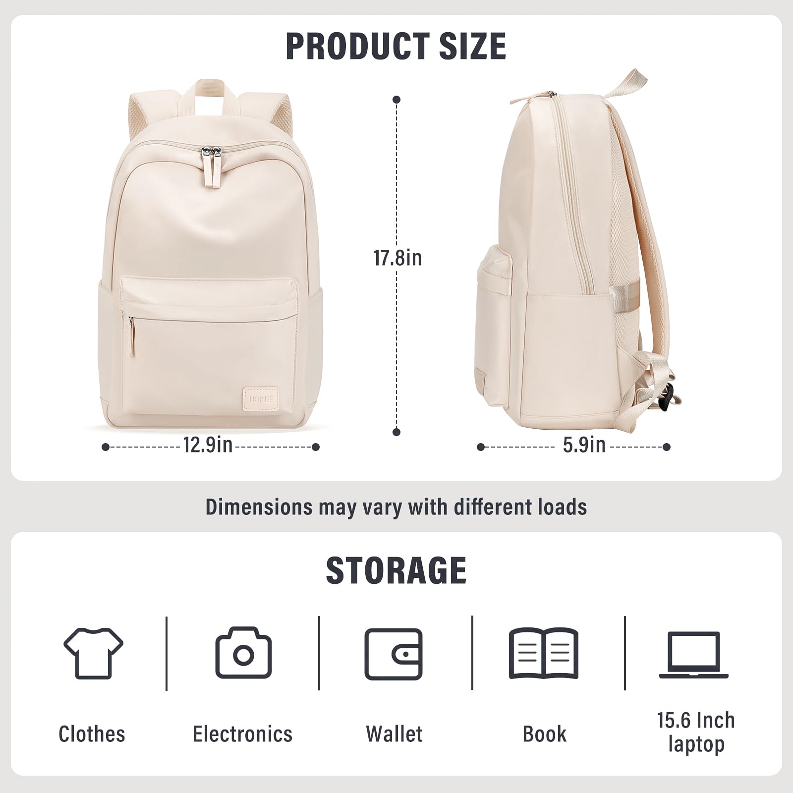 HOMIEE Lightweight Casual Laptop Backpack for 15.6 Inch Laptop - Water-Resistant Unisex College Backpack for Work, Travel & School - Cute Beige Daypack for Students & Professionals