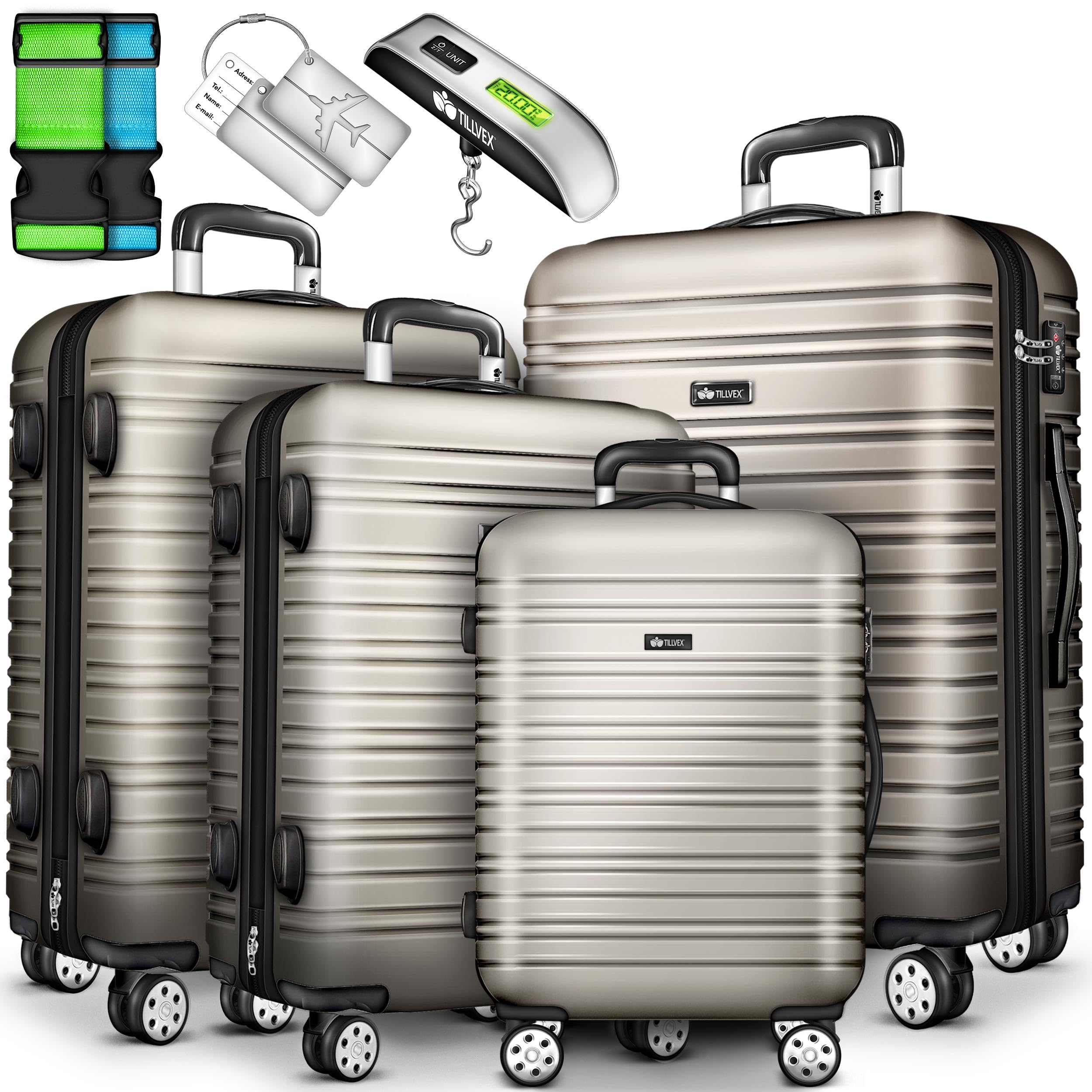 Tillvex® 4-Piece Hard Shell Luggage Set with TSA Lock, 4-Wheel Spinner Suitcases (S/M/L/XL) - Includes Luggage Scale, Suitcase Straps & Tags - Perfect for Business Travel, Family Vacations & International Trips
