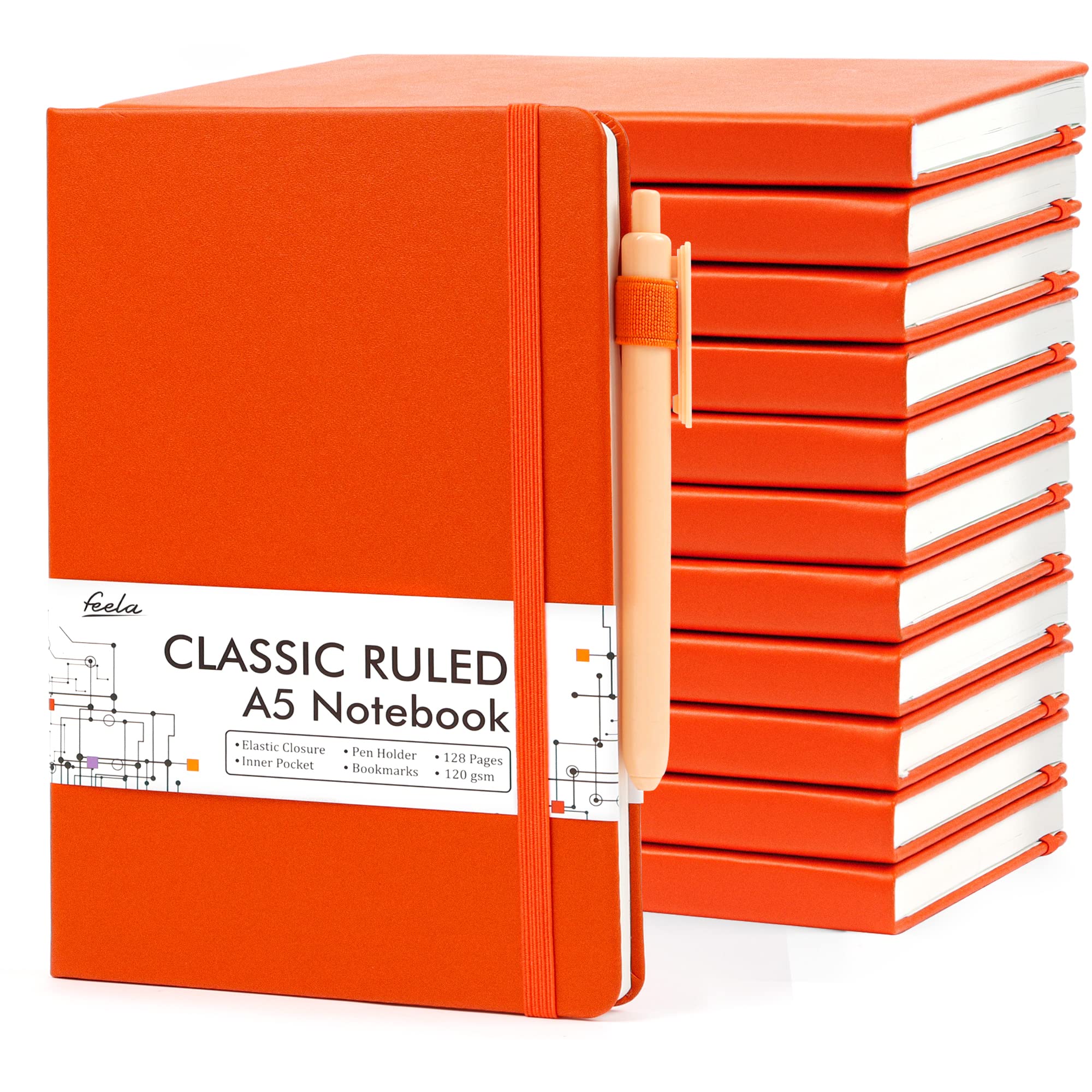 12-Pack A5 Hardcover Notebooks & Journals Set with 12 Black Pens - 120 GSM Ruled Paper, 5.1”x8.3” - Orange - Perfect for School, Office, Business Meetings, Travel Journaling & Note Taking - Includes Pen Holder for Easy Organization