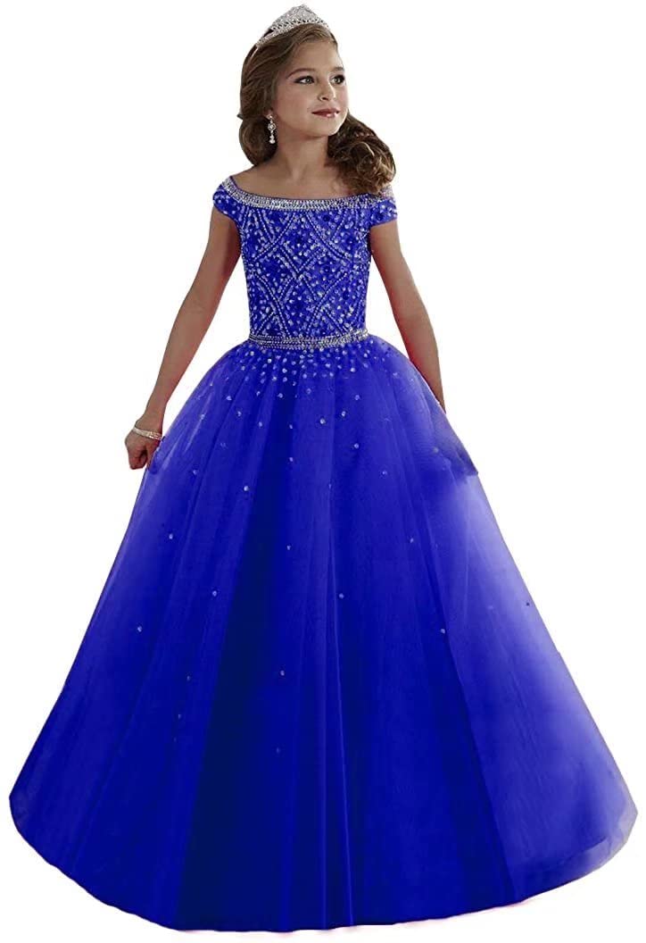 Elegant Crystal Off-The-Shoulder Pageant Dress - Long Flower Girl Prom Gown for Teen Girls | Perfect for Pageants, Weddings, Quinceañeras & Special Occasions