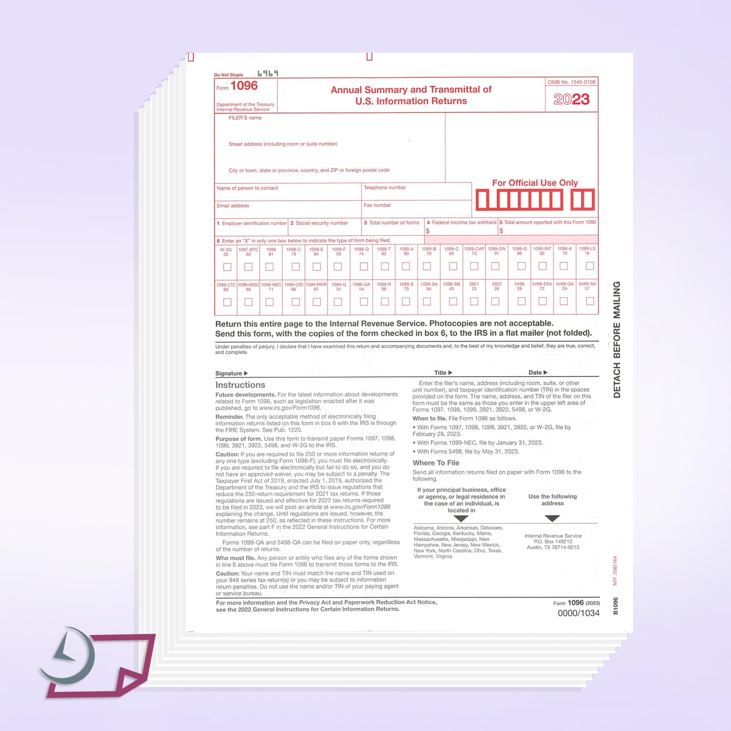 NextDayLabels - 2023 Tax Form 1096 Transmittal for Laser & Inkjet Printers - QuickBooks & Accounting Software Compatible (10-Pack) - Perfect for Small Business Tax Filing & IRS Document Submission