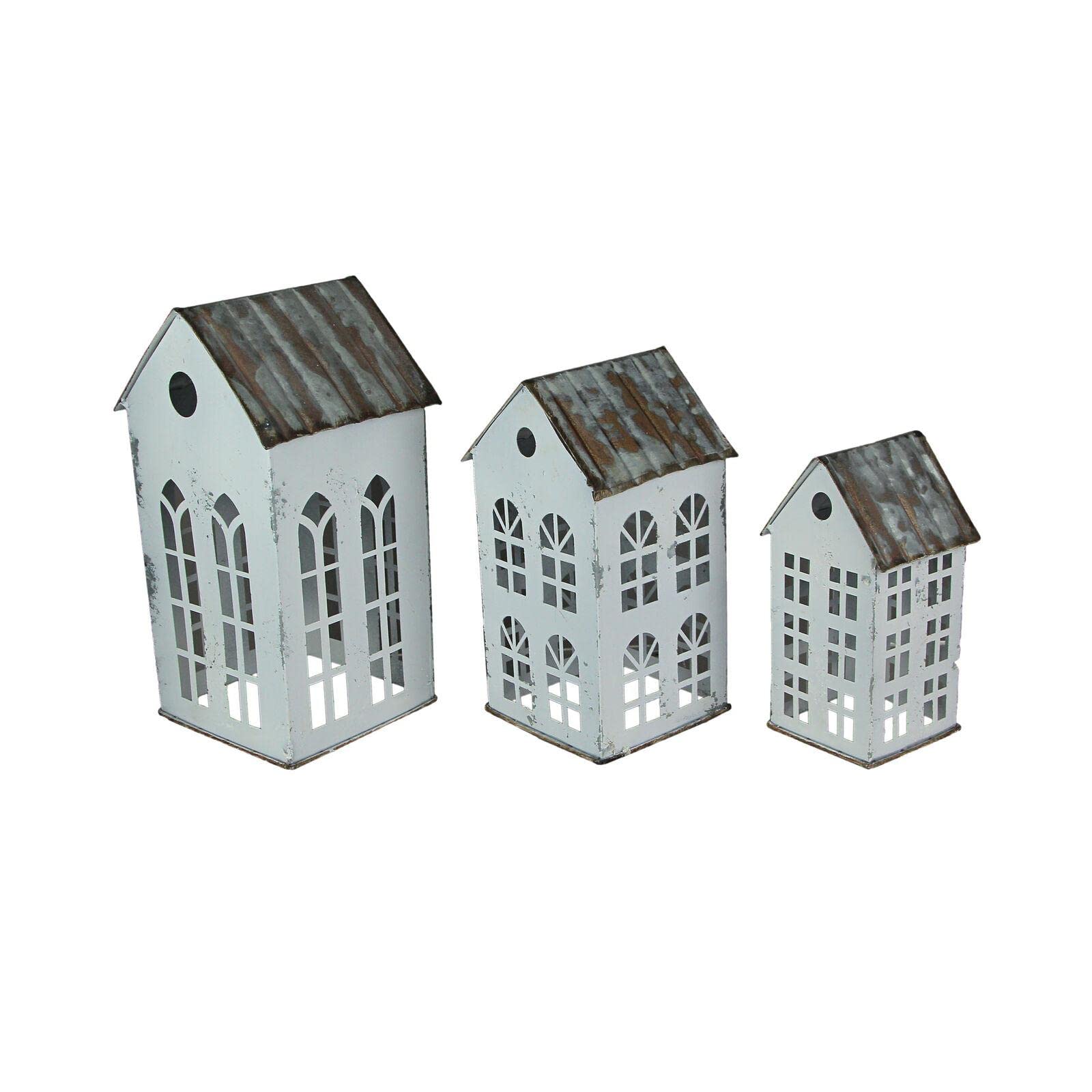 Set of 3 Rustic Farmhouse White Metal House-Shaped Fabric Candle Holders - Country Chic Table Centerpiece Decor for Dining Room, Wedding, Christmas & Home Decor