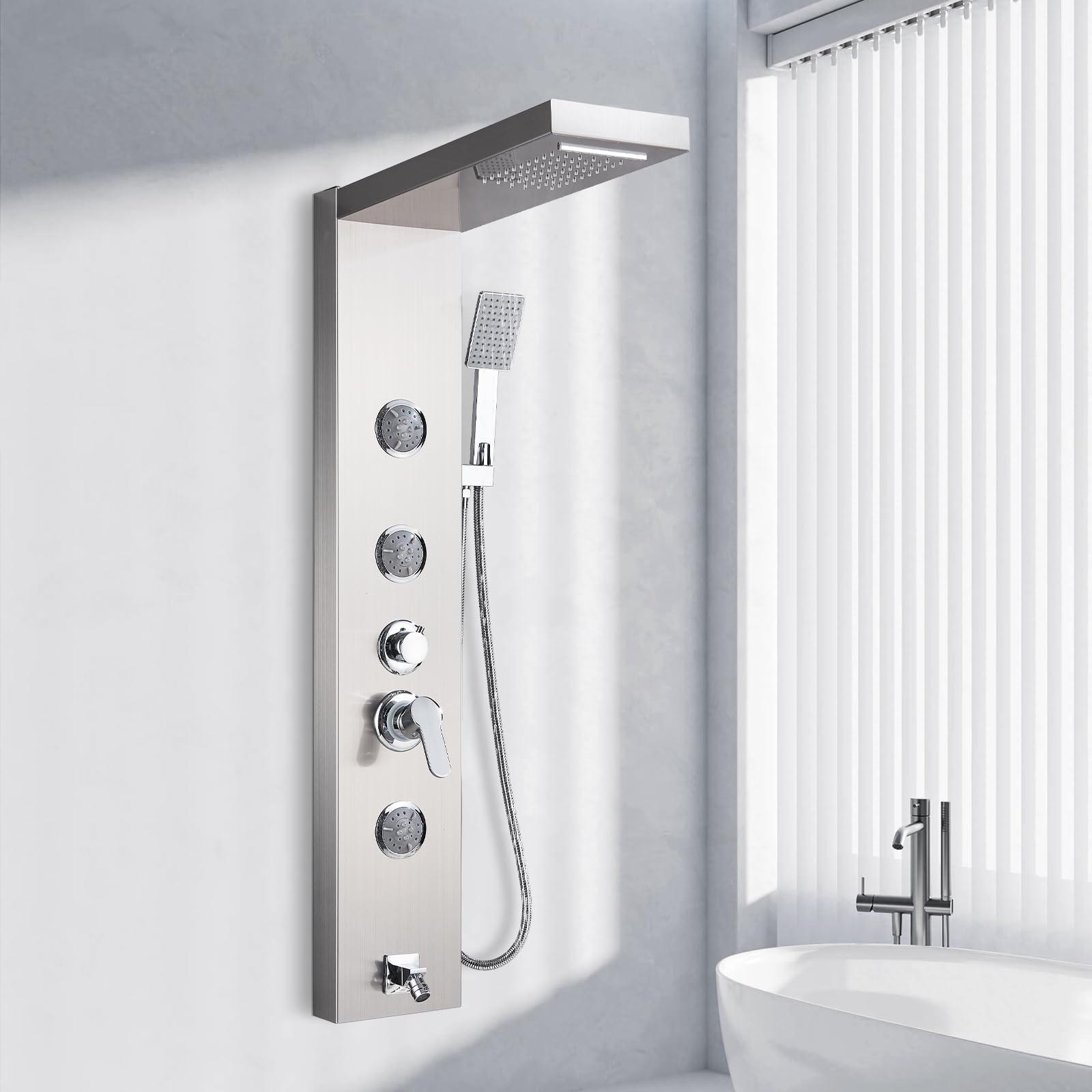 AlenArt Stainless Steel Shower Panel with Massage Jets & Rainfall Shower Head - Multi-Function Wall Mounted Bathroom Shower System in Brushed Nickel | Perfect for Spa-Like Experience, Luxury Bathroom Upgrade & Relaxing Hydrotherapy