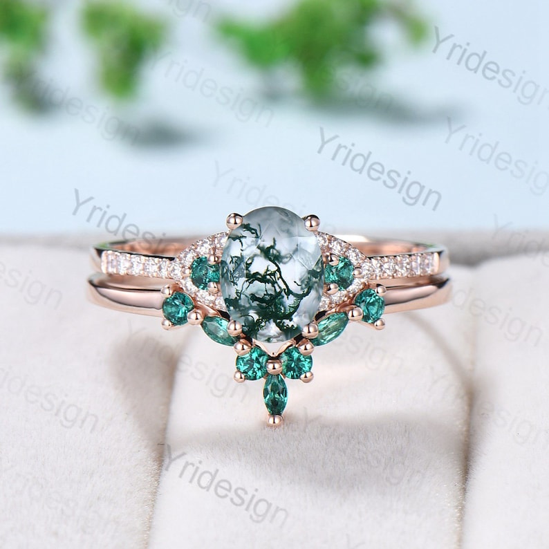 Elegant Moss Agate Ring Set - Vintage Green Stone Wedding Ring for Women, Unique Moss Agate Engagement Ring Bridal Set, Emerald Anniversary Gift - Perfect for Weddings, Proposals & Special Occasions