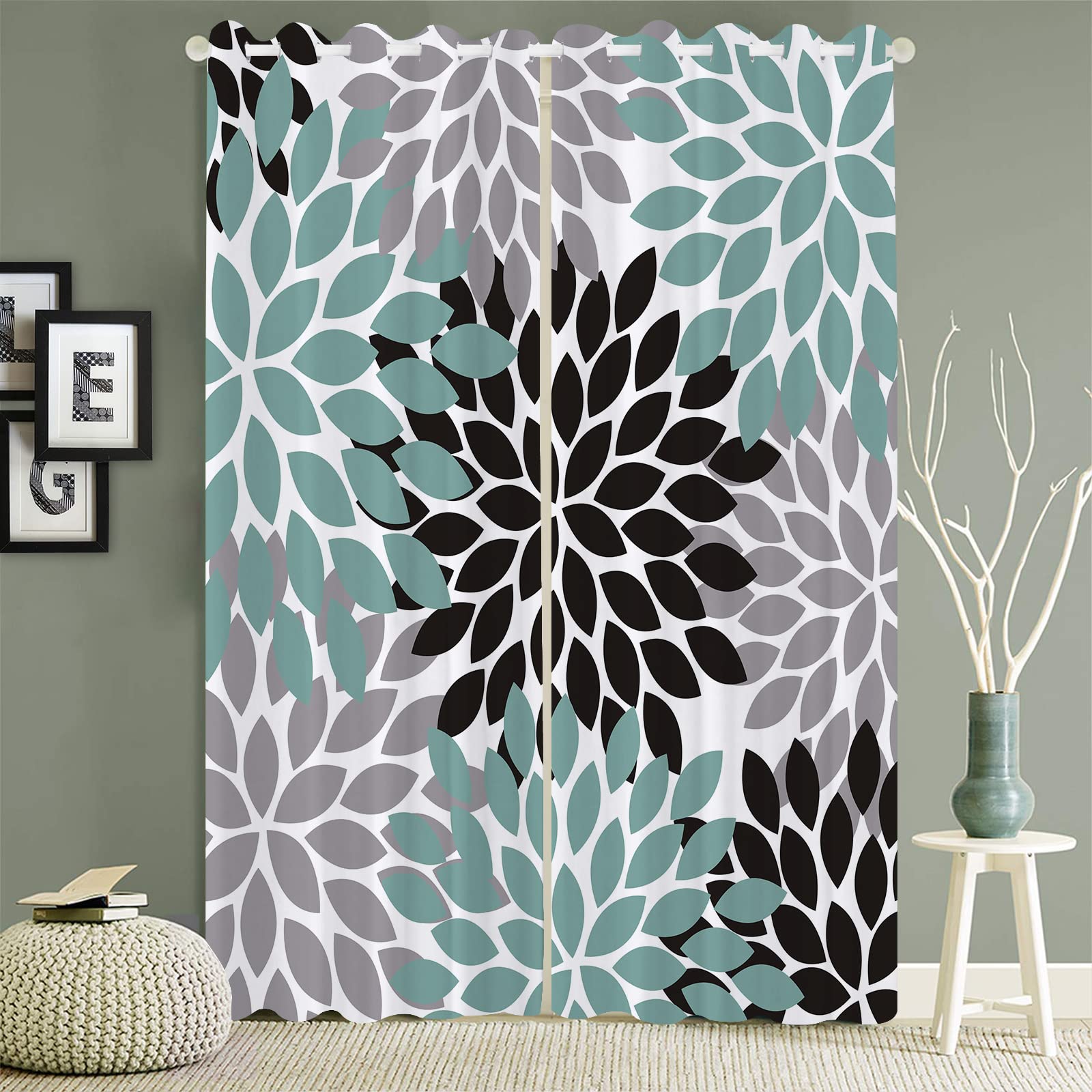 Thermal Insulated Blackout Curtains - Custom Teal, Black & Grey Dahlia Pinnata Floral Window Treatment (2 Panels) | Noise Reducing & Energy Saving Room Darkening Curtains for Living Room, Bedroom & Home Theater