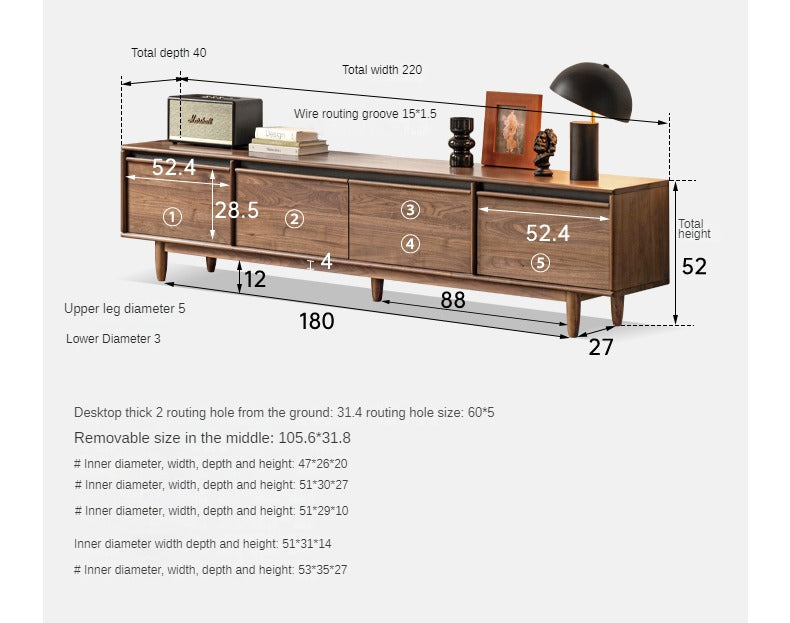 Premium Black Walnut & Ash Solid Wood TV Stand with Skeleton Line Design - Modern Entertainment Center for Living Room, Bedroom, and Home Theater Setup