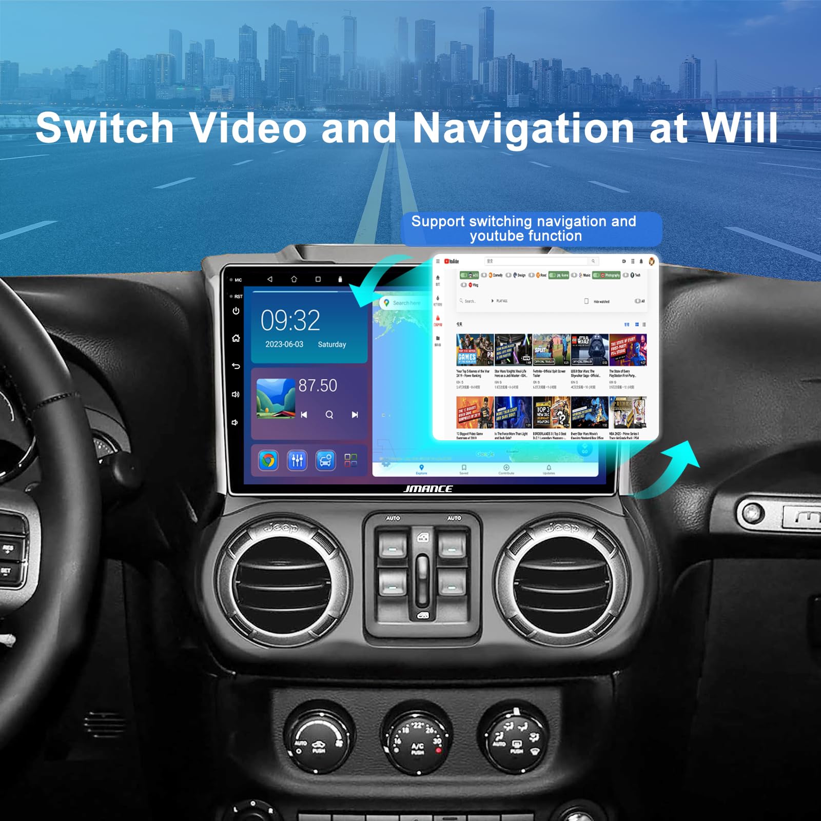 10.1 Inch Android Car Stereo for 2011-2014 Jeep Wrangler - 2+64GB, Touch Screen GPS Navigation with Built-in DSP, Bluetooth, WiFi, Wireless CarPlay & Android Auto, Steering Wheel Control - Perfect for Off-Road Adventures & Daily Commutes