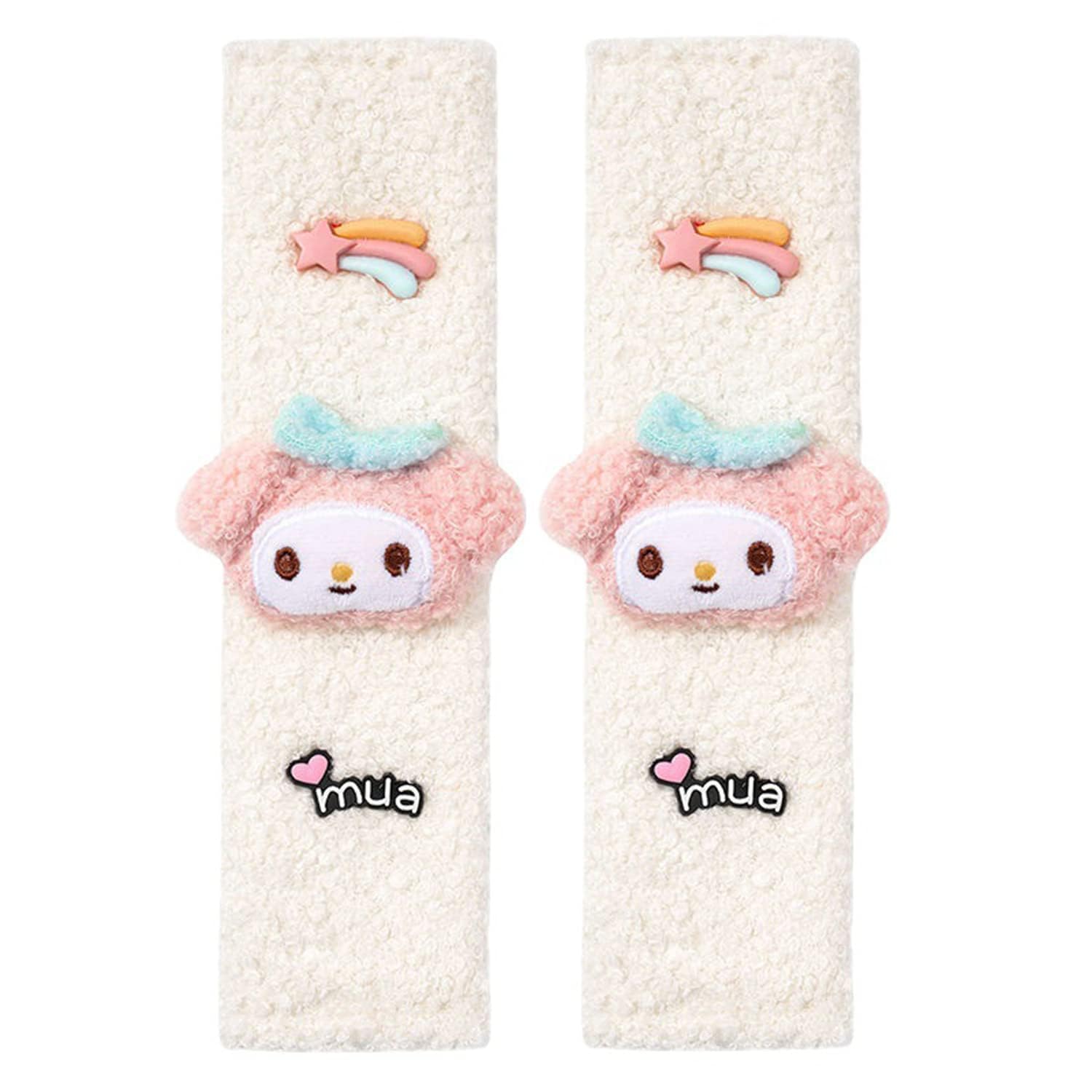 Cute Anime Car Seat Belt Strap Cover Set - 2 Piece Kawaii Neck Protector & Shoulder Pad for Women - Soft Comfortable Car Accessories for Long Drives & Daily Commute (White Melo)