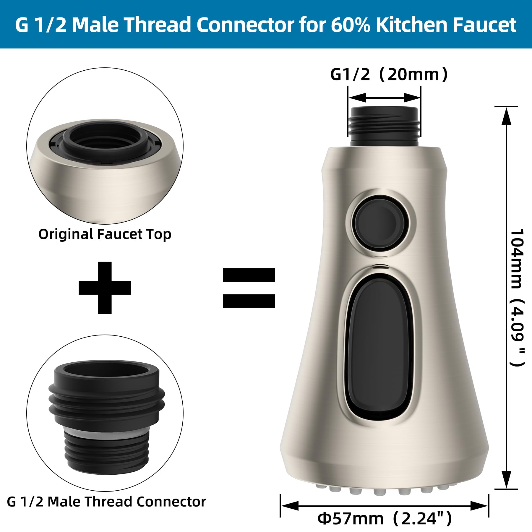 Universal Kitchen Faucet Head Replacement - Compatible with Kohler/Moen/Delta Faucets - 15 Adapter Kit - 3 Function Pull Down Sink Spray Head - Brushed Nickel Finish - Ideal for Kitchen Renovation & Sink Upgrades