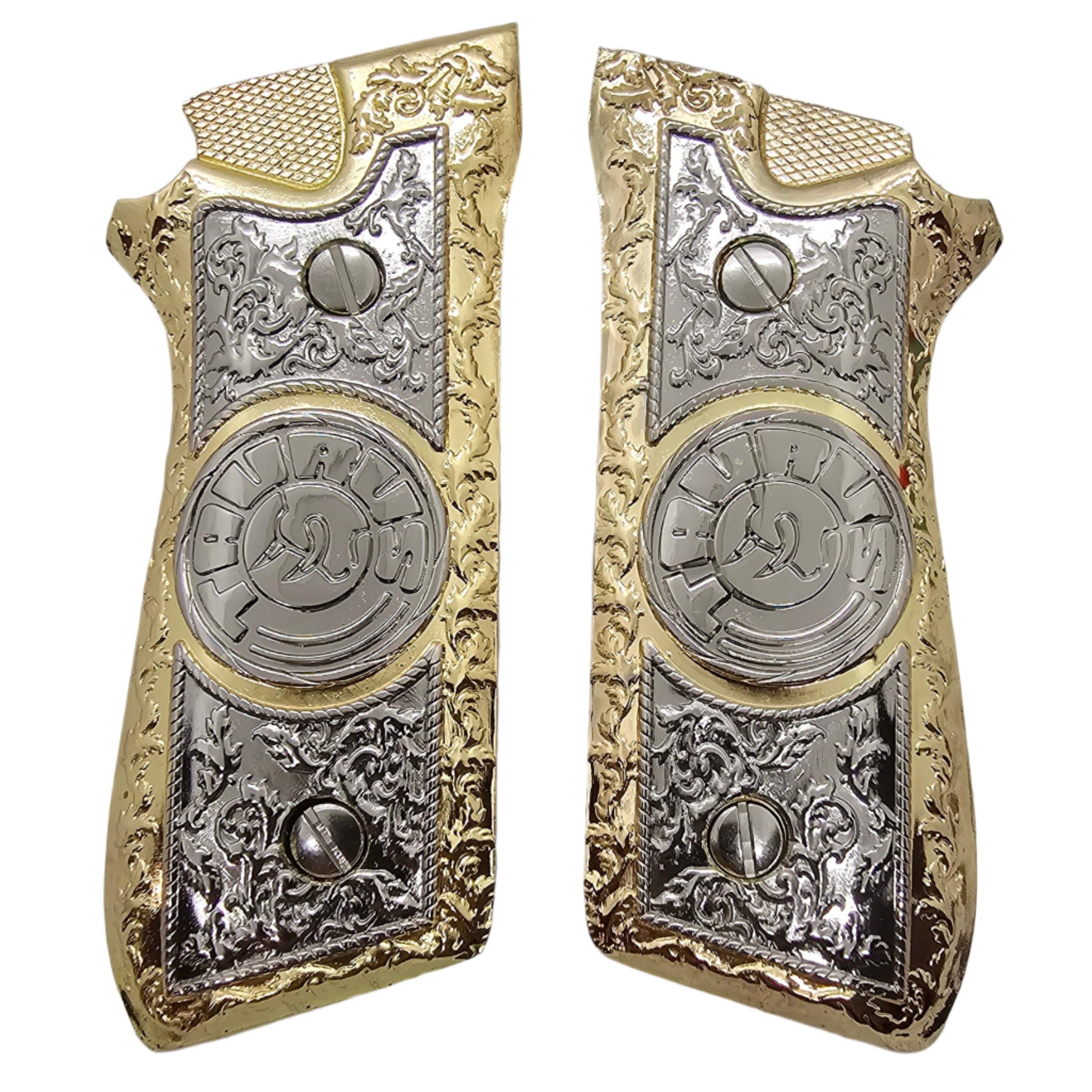 Custom Taurus Grips for PT-99, PT-92, PT-100 & PT-101 Pistols - Premium Metal Grips with Nickel Gold PT Screws - Perfect for Shooting Range, Concealed Carry & Gun Collectors